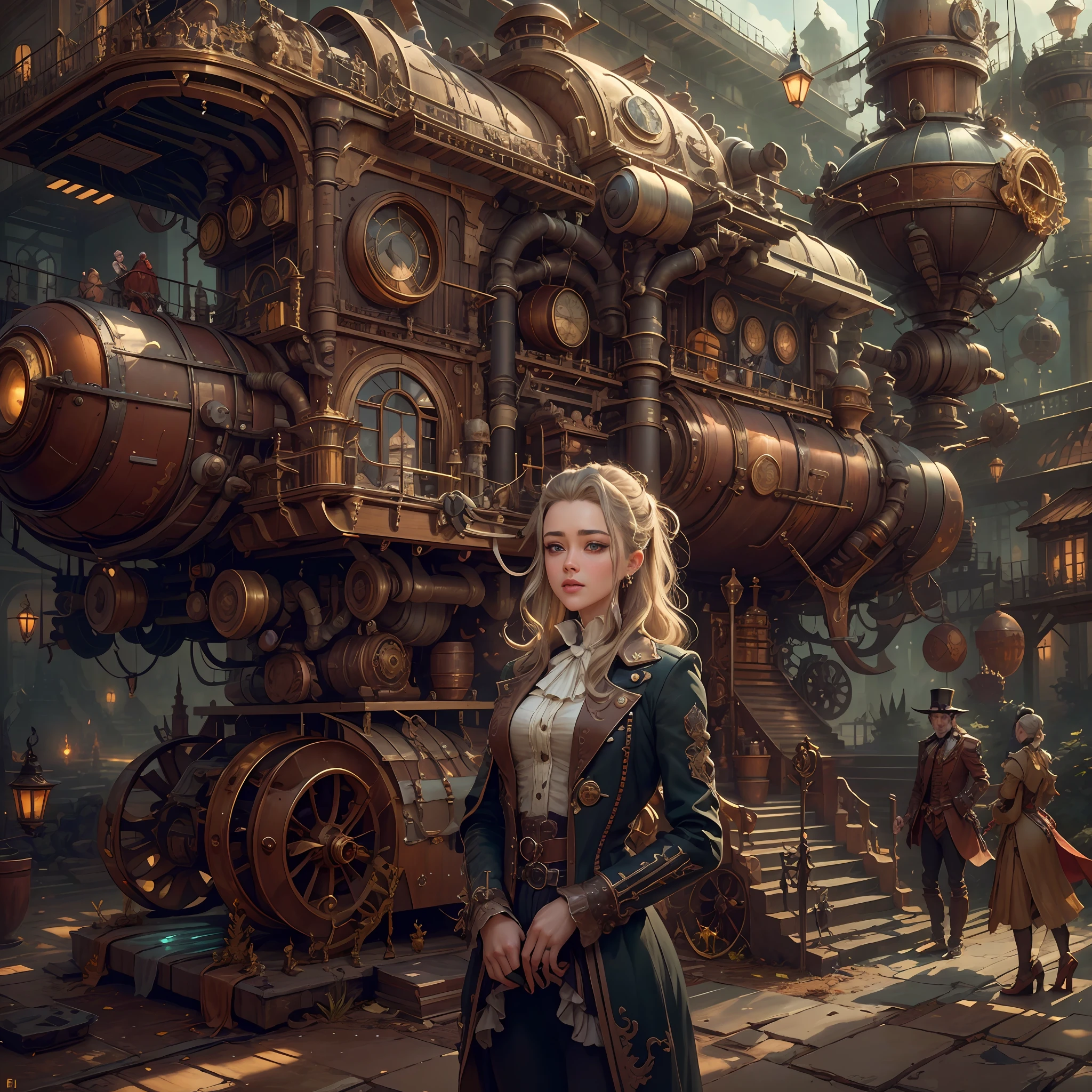 best qualtiy,tmasterpiece,超高分辨率,(realisticlying:1.4),absurderes,(1 couple standing in the manor,(Eye focus),sface focus, Clear facial features),(koh_amberheard:0.8),1 best long shot photo of Mechanical Airship Manor,Fantasy sci-fi vehicles,hyper realisitc,steampunc,Complex design,insanely details,finely detailled,Steampunk AI,