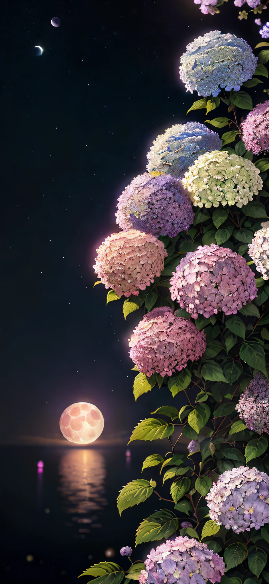 paint (strokes)+, atmosphere, intricate, aspect ratio 1:1, raytracing, Bokeh, smooth, (colorful), (detailed complex busy background: 0.8), hydrangea, (night:1.4), intricate details, beautiful, flat illustration, scenery, detail love, (ultra-detailed), photon mapping, ((intricate details)), flowers, (pink full moon)