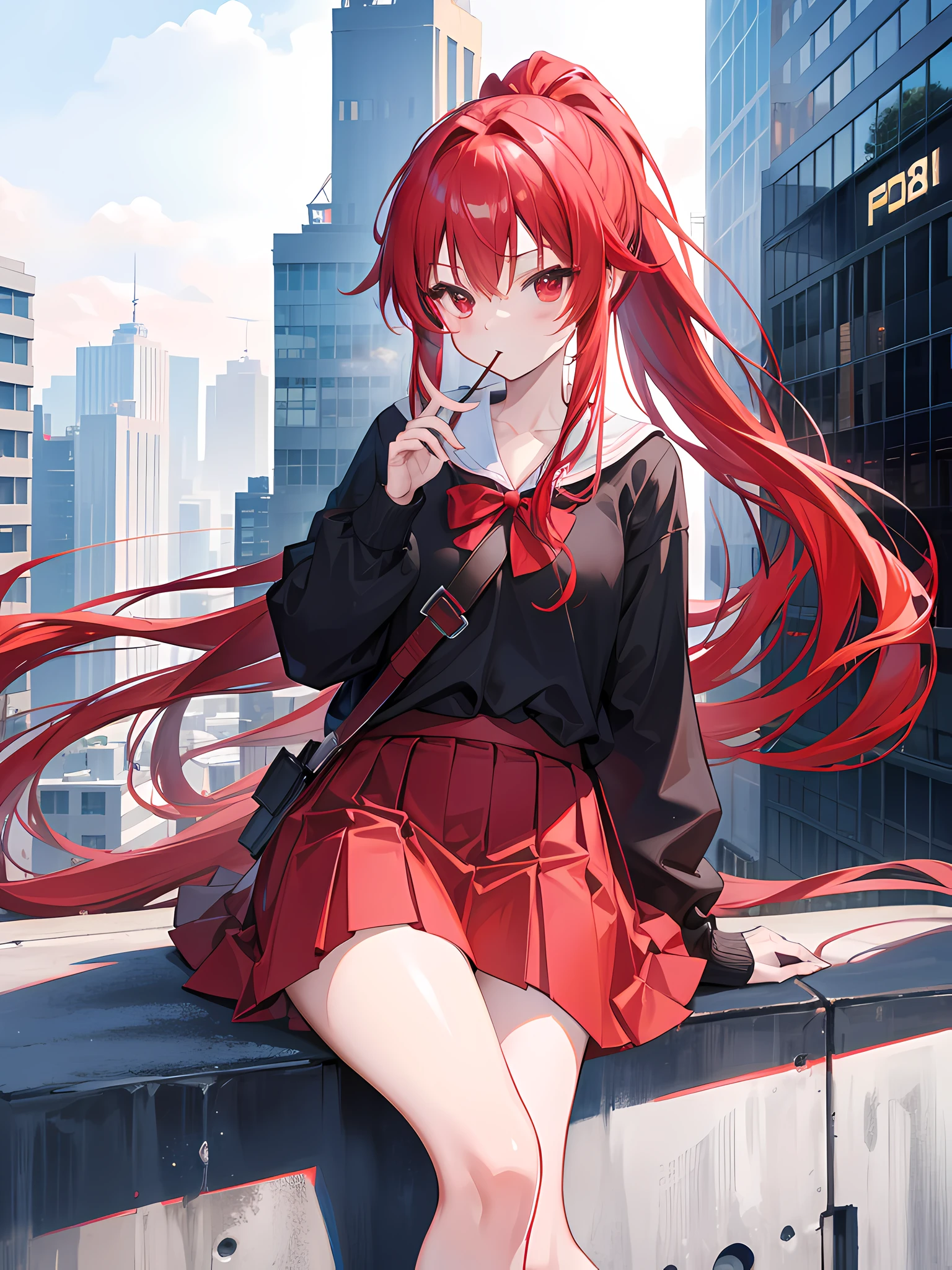 red long hair, ponytail, skirt, sitting on a building edge, eating pocky, high res, ultrasharp, 8k, masterpiece