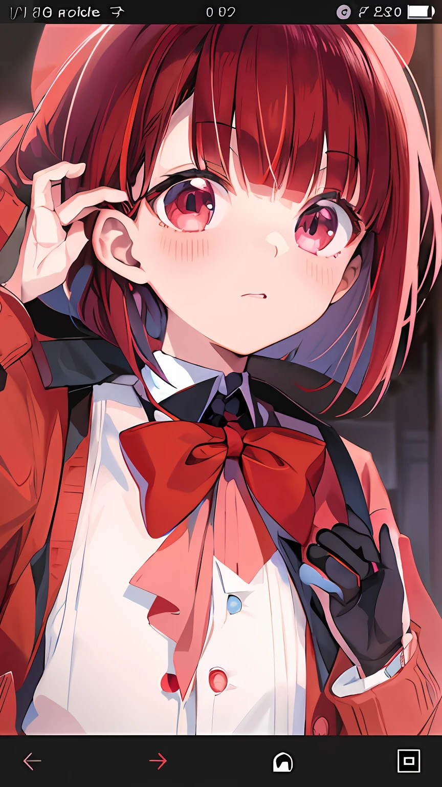 Anime girl with red hair and bow tie holding mobile phone, Anime visuals of cute girls, anime moe art style, closeup Iwakura Lain, close up of a young anime girl, portrait of cute anime girlbabes, anime portrait of shiina ringo, anime style portrait, iwakura lain, Portrait of an anime girl, portrait of cute anime girlbabes