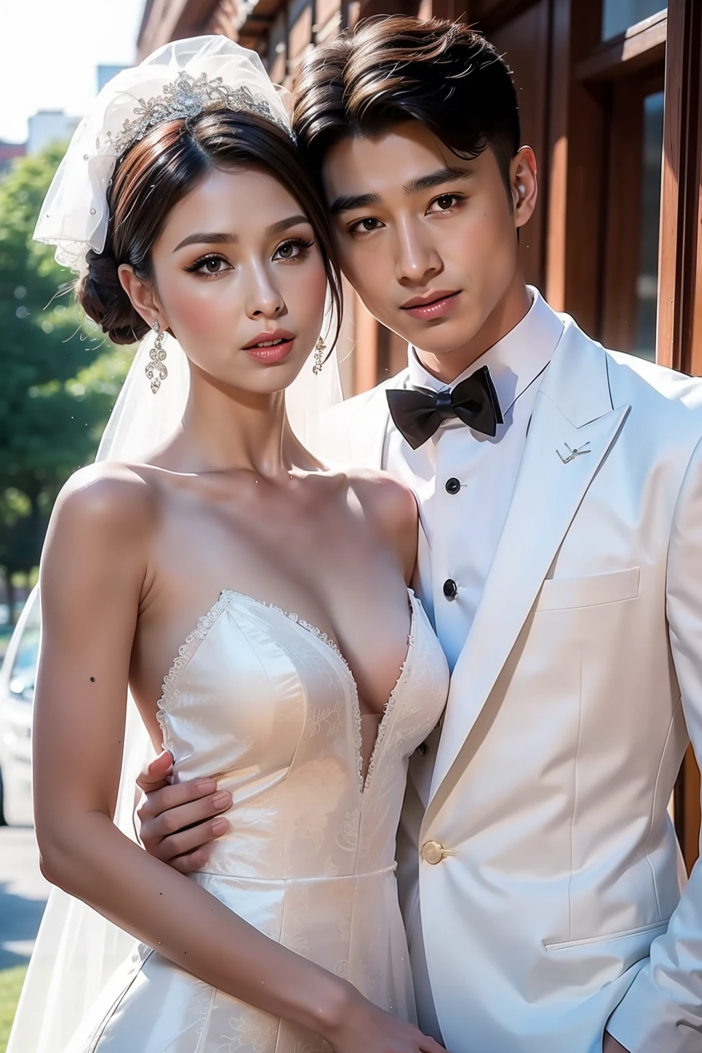 Fashion model 20 years old [[[[closeup cleavage]]]], [[[[boobgasm]]]], [[[[coll]]]], [[[[bshoulders]]]], perfect  eyes, Perfect iris，Perfect lips，perfect teeth，Perfect skin，Soft front light，hdr，A couple，wedding gown，Masculine man in suit，Gentle lady in wedding dress，Lady is slender face，slender nose；（pastel colour：1.2）