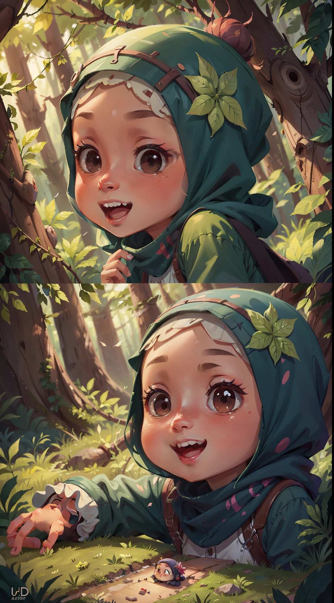 Kei the hijab girl, and his sister playing in the forest, UHD,(High definition resolution:1.2),Skin luster,(Best quality:1.1),(masterpiece),(best quality),smile,(beautiful detailed face),(beautiful detailed eyes),16K, bokeh background, soft colora background.