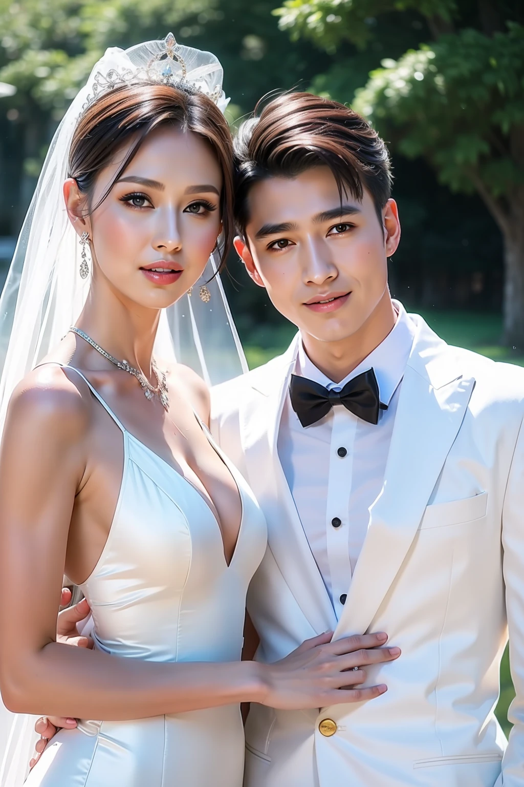 Fashion model 20 years old [[[[closeup cleavage]]]], [[[[boobgasm]]]], [[[[coll]]]], [[[[bshoulders]]]], perfect  eyes, Perfect iris，Perfect lips，perfect teeth，Perfect skin，Soft front light，hdr，A couple，wedding gown，Masculine man in suit，Gentle lady in wedding dress，Lady is slender face，slender nose；（pastel colour：1.2）
