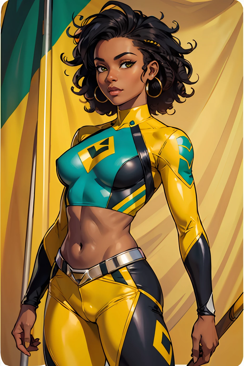 Woman Jamaican superhero Jamaican clothing Green yellow and black clothes Flag of Jamaica Dark skin Curly Hair