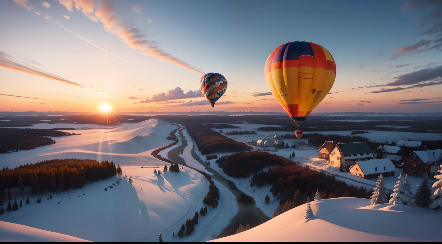 Winter sunset landscape in Sweden、One colorful hot air balloon
