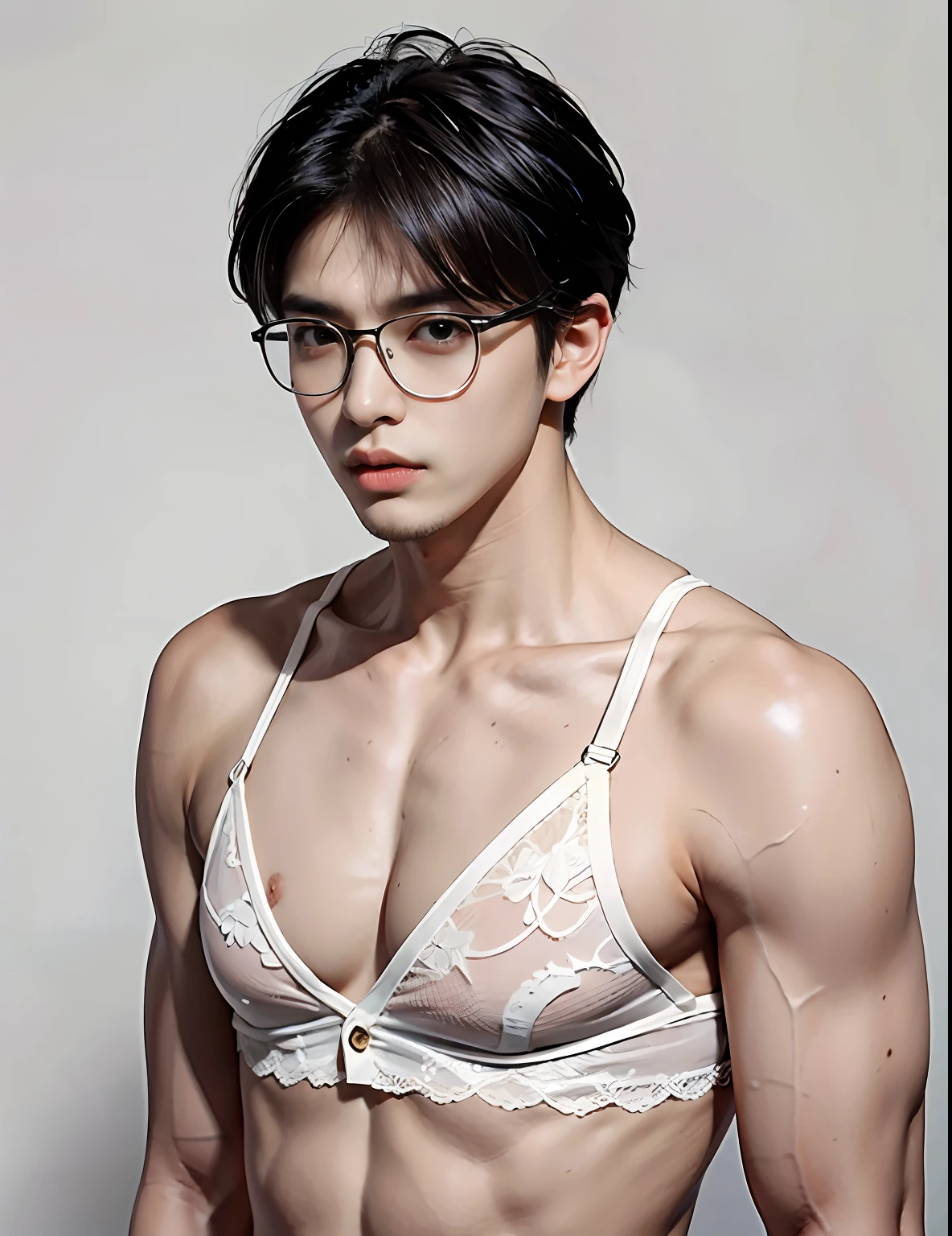 Bust photo，，A photo of the front ID，smooth jaw，Beige lace bra，比基尼，Hermaphroditic men，with fair skin，White lips，eye glass，The light is even，with a pure white background，plain face，korean people，male people，nakeness，Smooth shoulders，鎖骨，Turn Back，Short broken hair，Youth，cool guy，18yr old，scowling，cool guy，Slim young handsome guy，