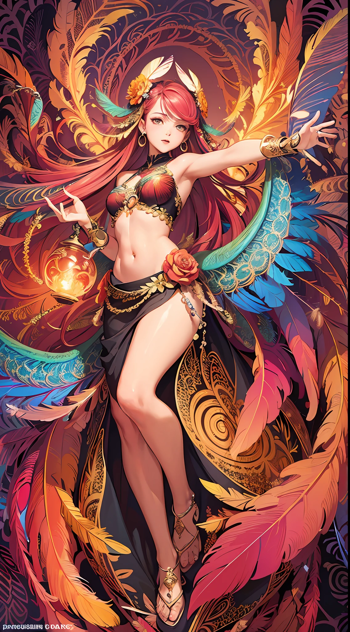 (masterpiece, top quality, best quality, official art, beautiful and aesthetic:1.2), (1girl:1.3), extremely detailed,(fractal art:1.1),(colorful:1.1)(flowers:1.3),highest detailed,(zentangle:1.2), (dynamic pose), (abstract background:1.3), (shiny skin), (many colors:1.4), ,(earrings), (feathers:1.5) , (Flamethrower:1.3),red background,Phoenix dress,