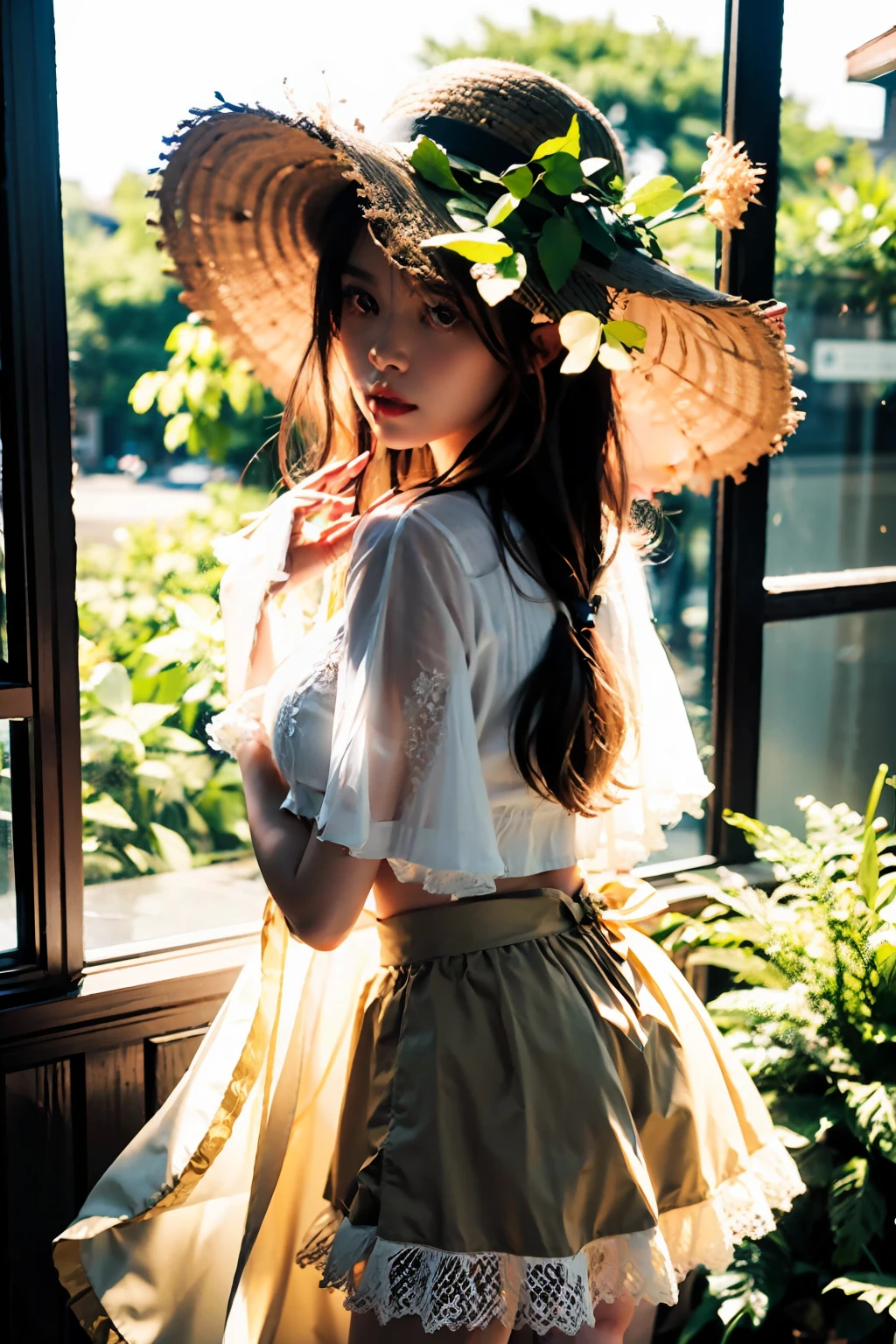 (closeup cleavage:1.5),(sface focus:2),(???? ???styled:1.5),
((Lateral face:2)),(1女孩被soft_light:1.5包围),(The light from the back window is backlighted:1.8),(illuminating),(Flowing fabric:1.3),((Floral_summer_dress:1.5),(Straw_hat:1.3)),
(tmasterpiece), realisticlying, HDR, highly detailed, 8k, RAW photogr,
Environmental occlusion,naturey,Harmonious composition,a warm color palette,fine art photography,whaite hair,Elf Princess,Full body photo,short skirt,whitestocking,Crop topping,Raised sexy