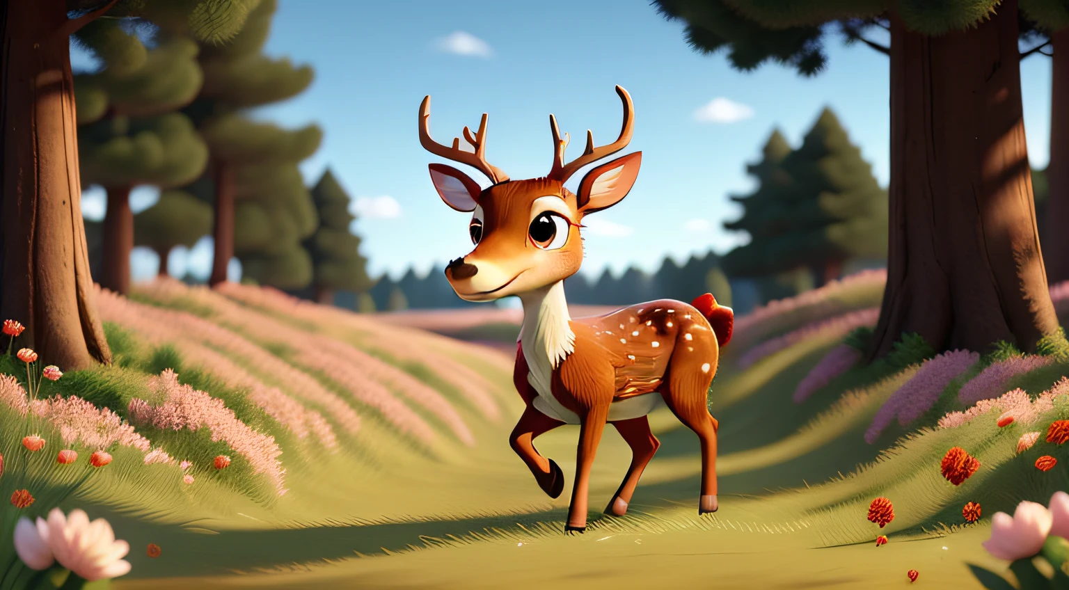 "A cute deer, with a red cap on its head, running across a grassy field full of flowers " ((best quality)), ((masterpiece)), (detailed: 1.4), 3D