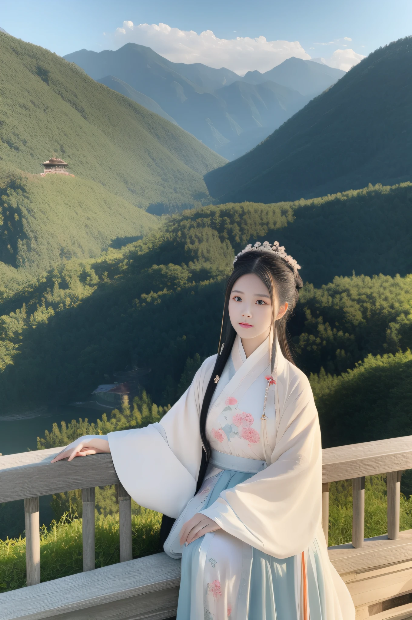 Changting Hanfu woman sits watching the flowing years, Looking at the mountains and shallow clouds
