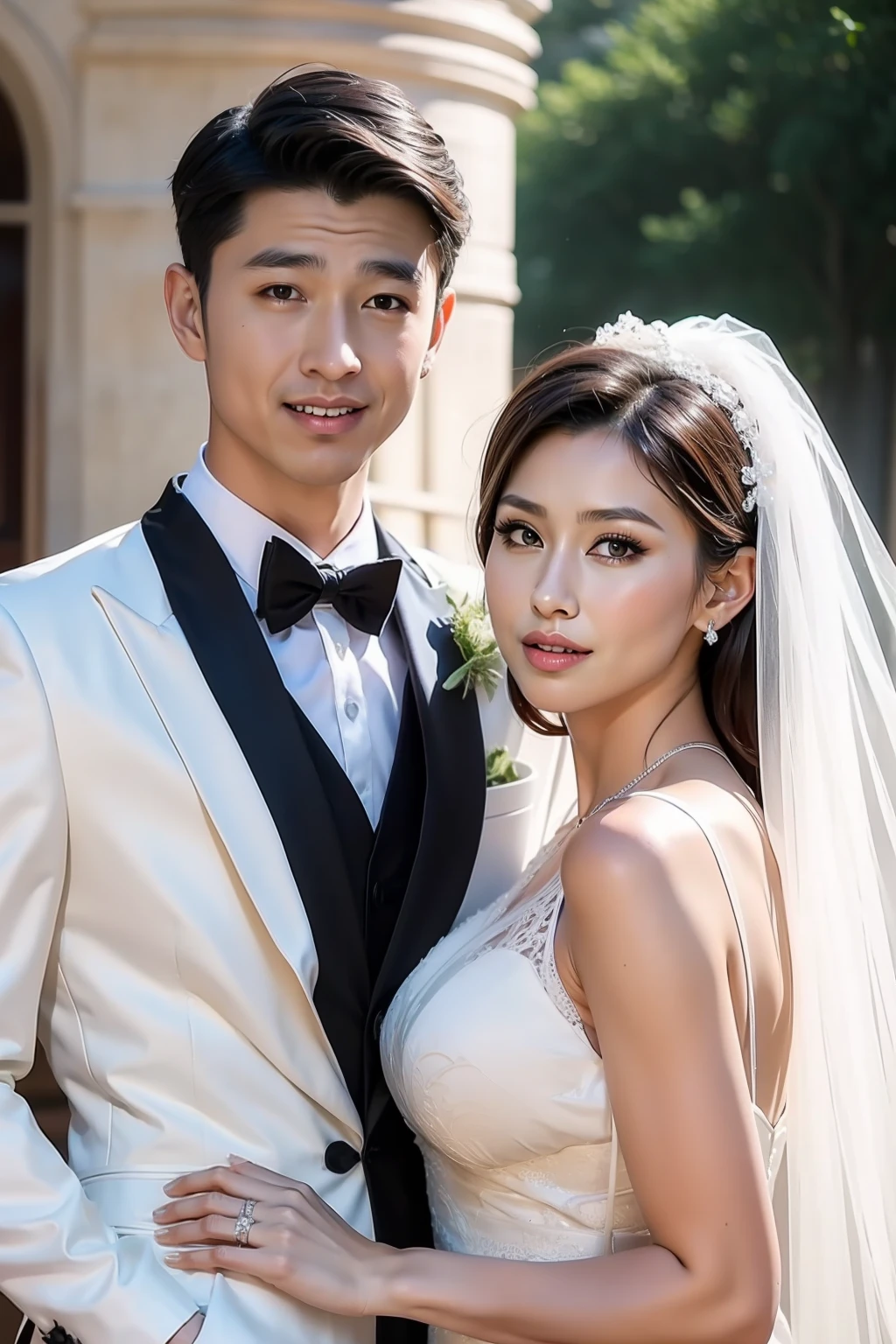 Fashion model 20 years old [[[[closeup cleavage]]]], [[[[boobgasm]]]], [[[[coll]]]], [[[[bshoulders]]]], perfect  eyes, Perfect iris，Perfect lips，perfect teeth，Perfect skin，Soft front light，hdr，A couple，wedding gown，Masculine man in suit，Gentle lady in wedding dress，Lady is slender face，slender nose；（pastel colour：1.2）