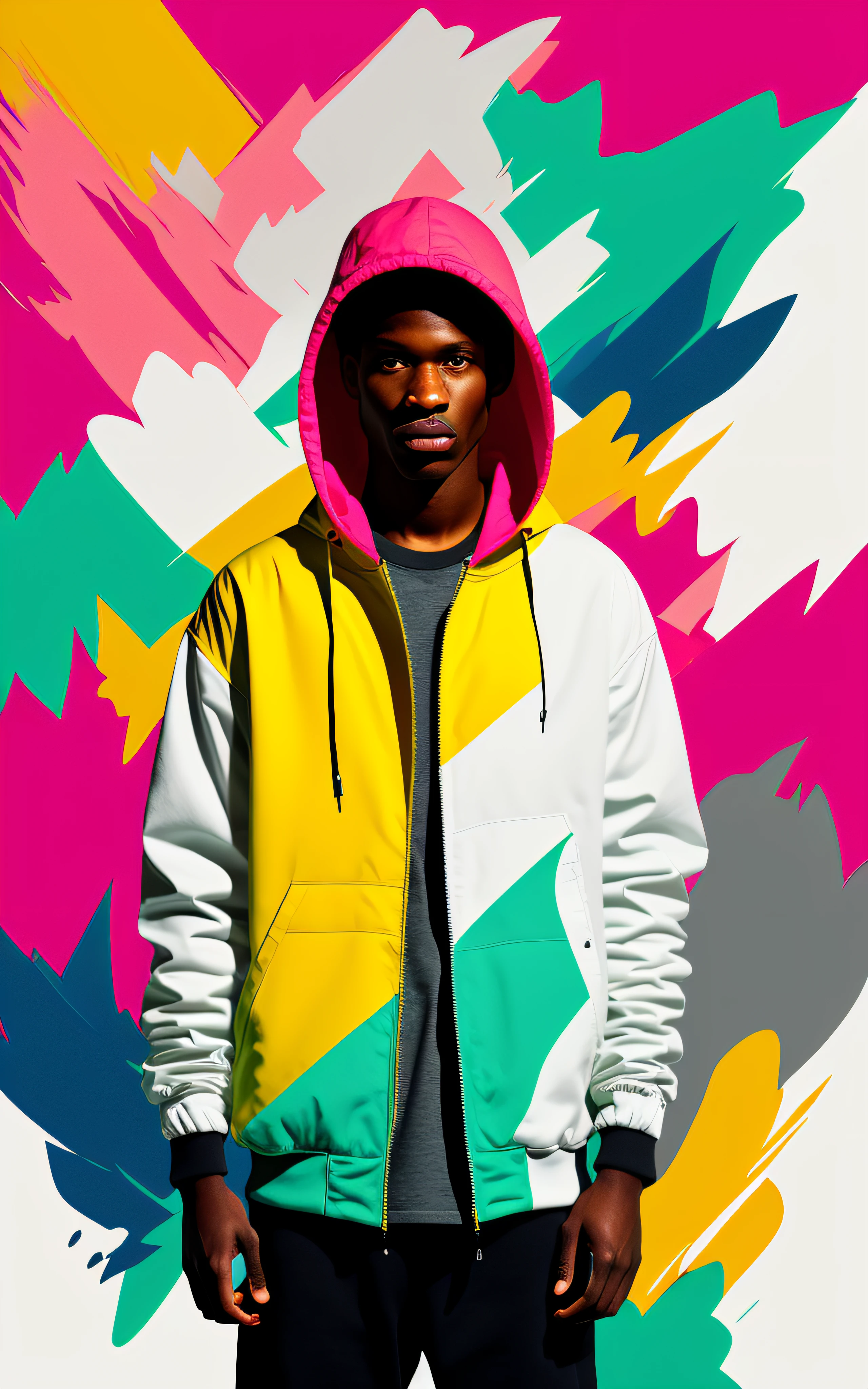 For the streetwear design style vector print, we suggest the following description:

The print features a stripped-down, urban style with graphic elements and vibrant colors. The background is white, providing an intense contrast with the other colors of the print.

In the center of the print, there is an illustration of a cartoon-style character, with strong strokes and striking outlines. The character presents a courageous and confident posture, with a determined look. He wears a hooded jacket and baggy pants, with green and pink accents.

Around the character, there are a number of graphic elements such as clouds, smoke and lightning. The clouds are white, with thick strokes and curved shapes, giving the feeling of movement. The smoke is grey, with fine strokes and abstract shapes. The rays are yellow and red, with fine strokes and pointed shapes, giving the feeling of energy.

The graffiti-style letters complement the print, with the word "Streetwear" written in large, bold letters just below the character. The lyrics feature an urban, laid-back style with vibrant colors and shadows.

The print is ideal for T-shirts and fashion accessories, providing a stripped down and urban style, with graphic elements and vibrant colors.