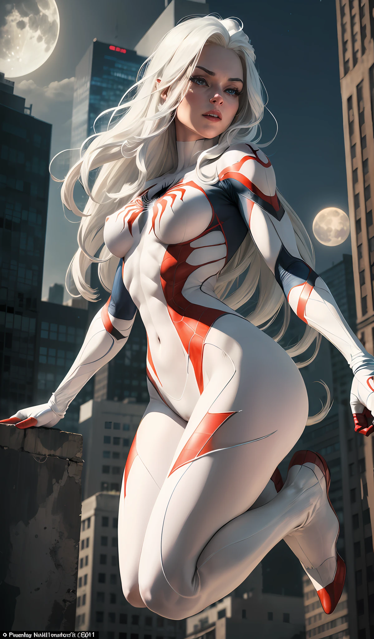 (Masterpiece, 4k resolution, ultra-realistic, very detailed), (White superhero theme, charismatic, there's a girl on top of town, wearing Spider-Man costume, she's a superhero), [ ((25 years), (long white hair:1.2), full body, (blue eyes:1.2), ((Spider-Man pose),show of strength, jumping from one building to another), ((sandy urban environment):0.8)| (cityscape, at night, dynamic lights), (full moon))] # Explanation: The Prompt mainly describes a 4K painting of ultra-high definition, very realistic, very detailed. It shows a superheroine at the top of the city, wearing a Spider-Man costume. The theme in the painting is a white superhero theme, the female protagonist has long white hair, is 25 years old and her entire body is shown in the painting. In terms of portraying the actions of superheroines, spiders are employed