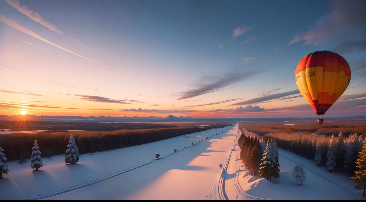 Winter sunset landscape in Sweden、One colorful hot air balloon