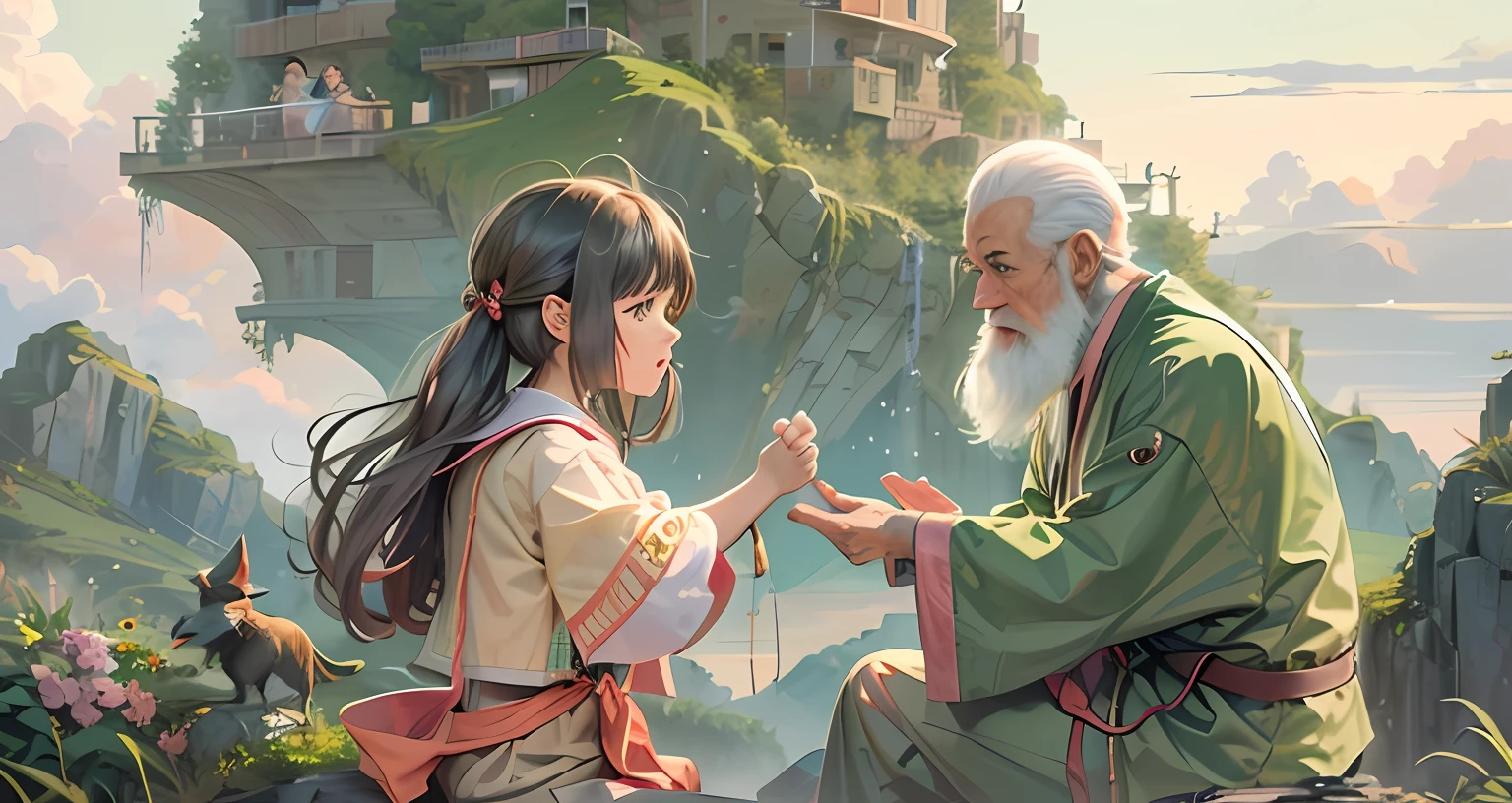 Old Zen master is teaching a cute girl pupil about wisdom for life, on a mountain top, anime style