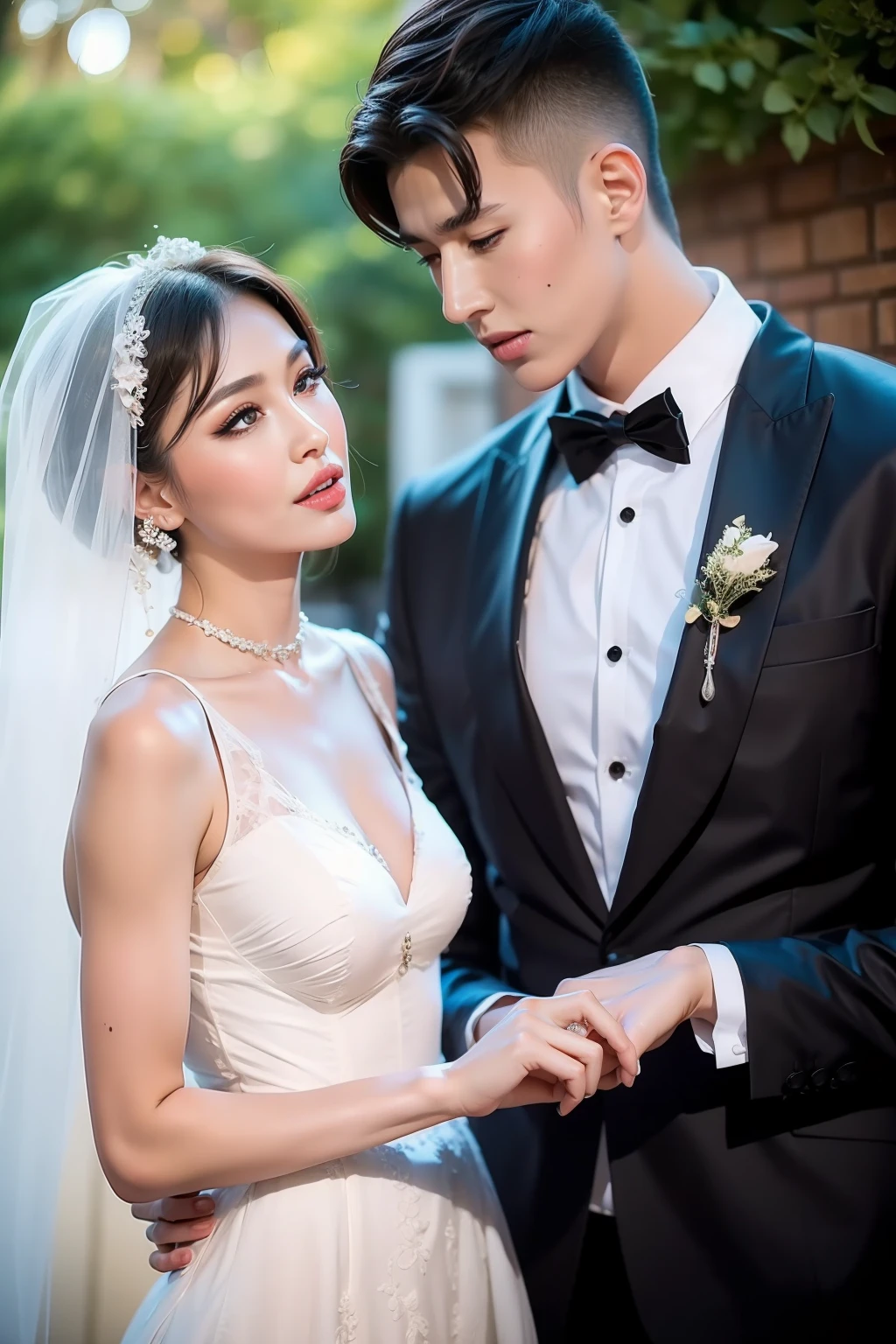 Fashion model 20 years old [[[[closeup cleavage]]]], [[[[boobgasm]]]], [[[[coll]]]], [[[[bshoulders]]]], perfect  eyes, Perfect iris，Perfect lips，perfect teeth，Perfect skin，Soft front light，hdr，A couple，wedding gown，Masculine man in suit，Gentle lady in wedding dress，Lady is slender face，slender nose；（pastel colour：1.2）
