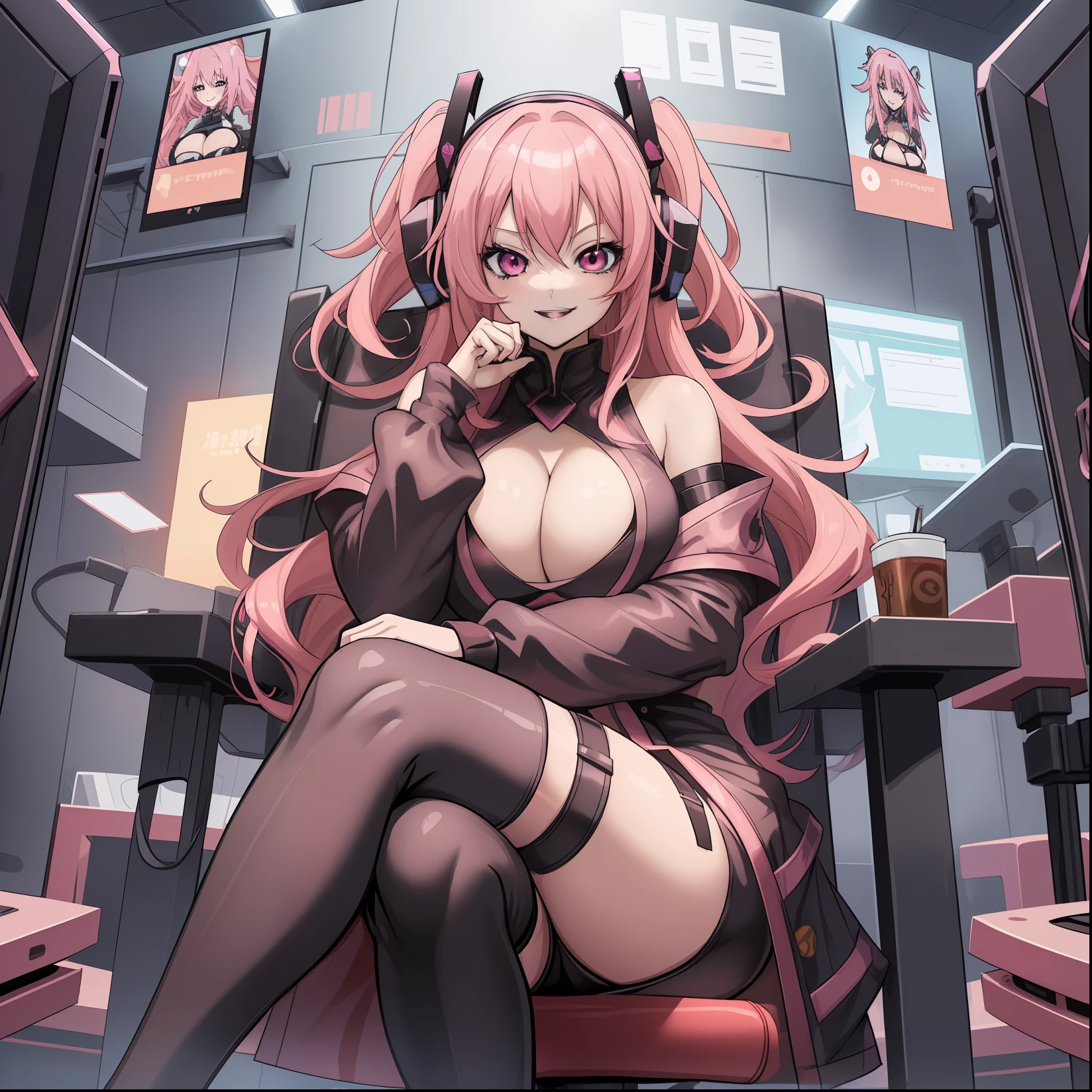 Draw an anime girl with a seductive expression, excelling in a virtual reality gaming world, surrounded by symbols of her gaming achievements, pink hair, full body shot, large breasts, cleavage, smiling