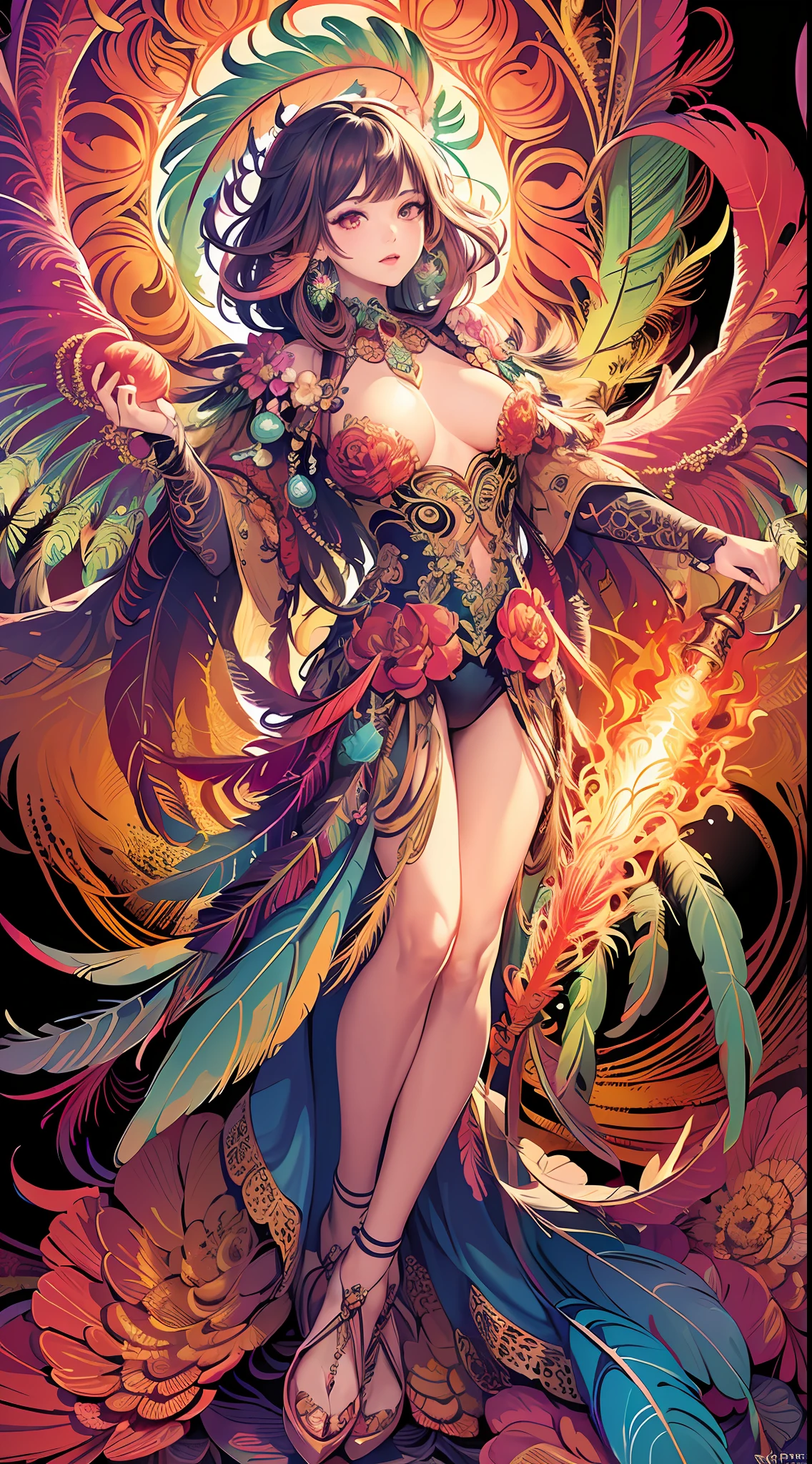 (masterpiece, top quality, best quality, official art, beautiful and aesthetic:1.2), (1girl:1.3), extremely detailed,(fractal art:1.1),(colorful:1.1)(flowers:1.3),highest detailed,(zentangle:1.2), (dynamic pose), (abstract background:1.3), (shiny skin), (many colors:1.4), ,(earrings), (feathers:1.5) , (Flamethrower:1.3),red background,Phoenix dress,