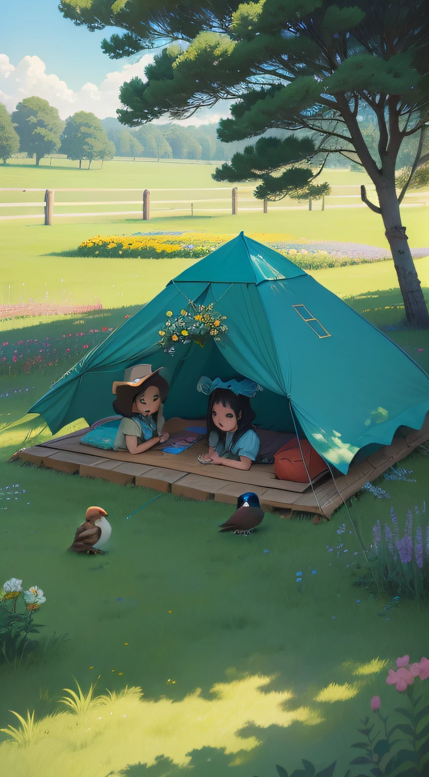 A place with fond memories of childhood, There are birds and flowers and turquoise meadows,2 cute little friends lying on turquoise grass looking up at the sky,The CG picture quality is full of Miyazaki-style anime beauty。Image size 9 to 16
