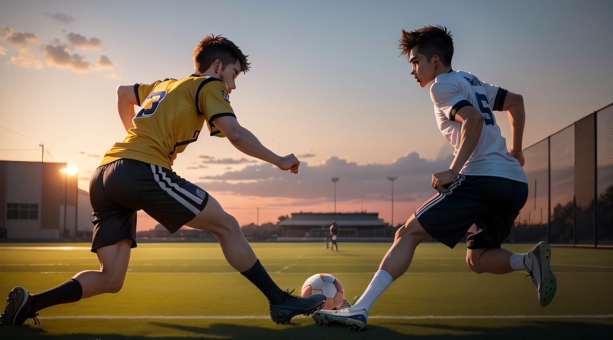 A lot of junior high school students，male people，At sunset，Play football on the pitch，shoun，Handsome and compelling，Sporty，sweat leggs，high high quality，Sportswear，shorter pants，Exquisite football