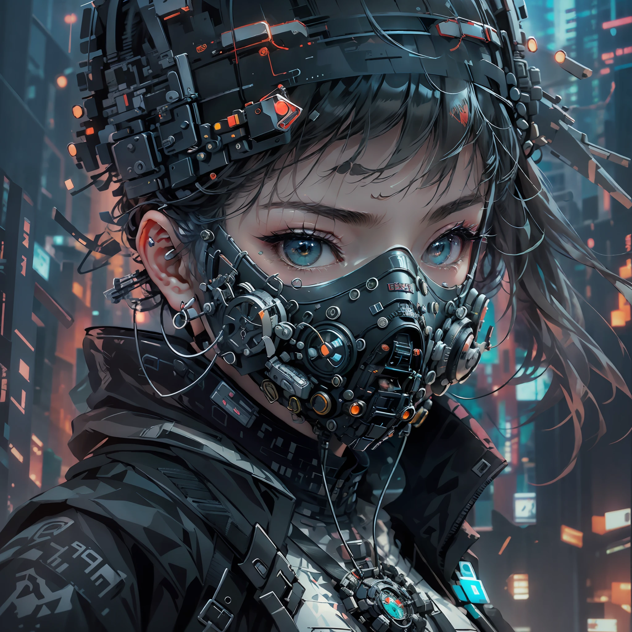 1girl, wear cyberpunk mask, neon mask, detail mask, face portiere, close up shot, from abov, cyberpunk city