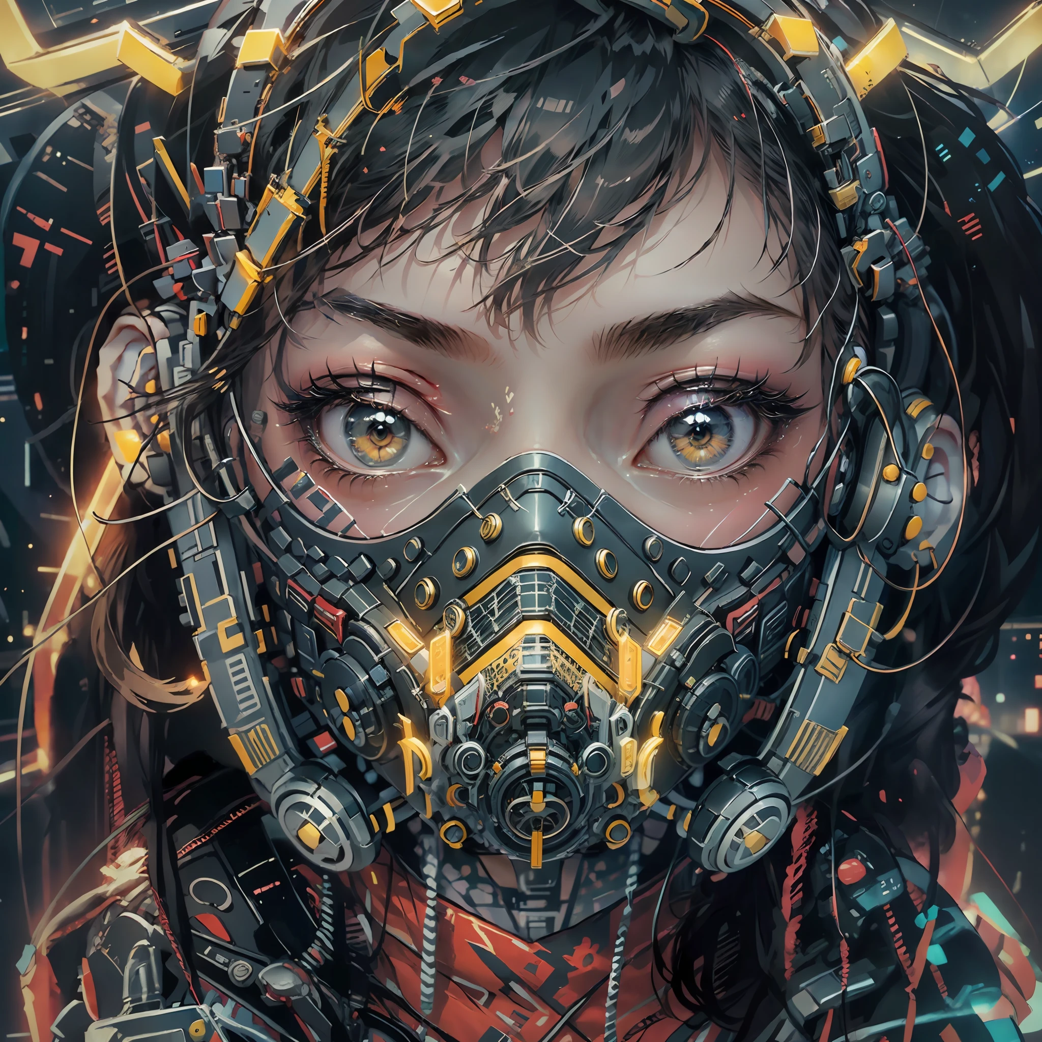 1girl, wear cyberpunk mask, neon mask, detail mask, face portiere, close up shot, from abov, cyberpunk city