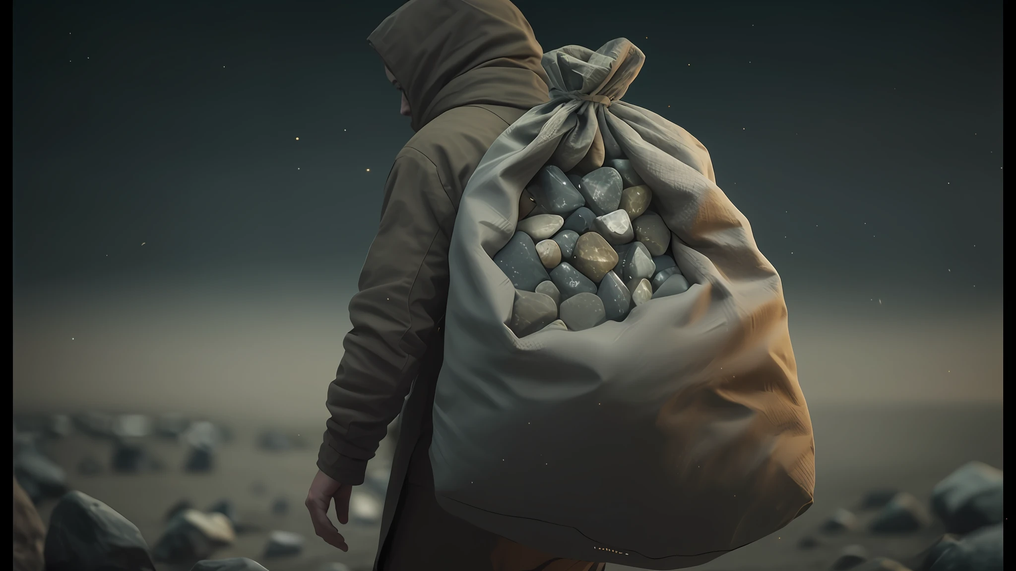 There's a man carrying a bag of rocks on a beach, bipe. octan render, cinema 4d cinematic render, No estilo de arte de Filip Hodas, inspirado em Michał Karcz, inspirado em Michal Karcz, inspirado em Filip Hodas, Beeple e Mike Winkelmann, renderização vfx hiperrealista