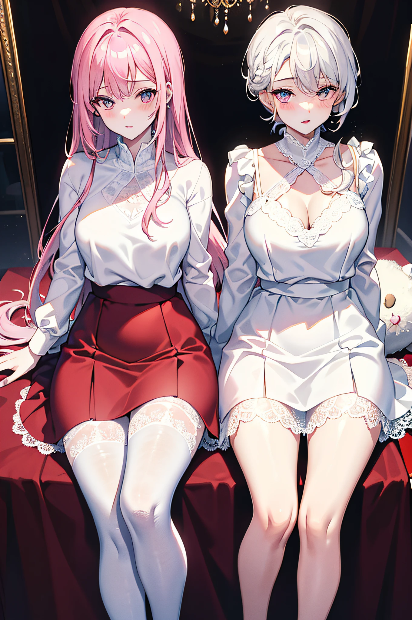 25 year old couple，Royal sister，White shirt, Black trousers，Lace，V-neck dress，Be red in the face，Pink lips，white backgrounid，8K masterpiece