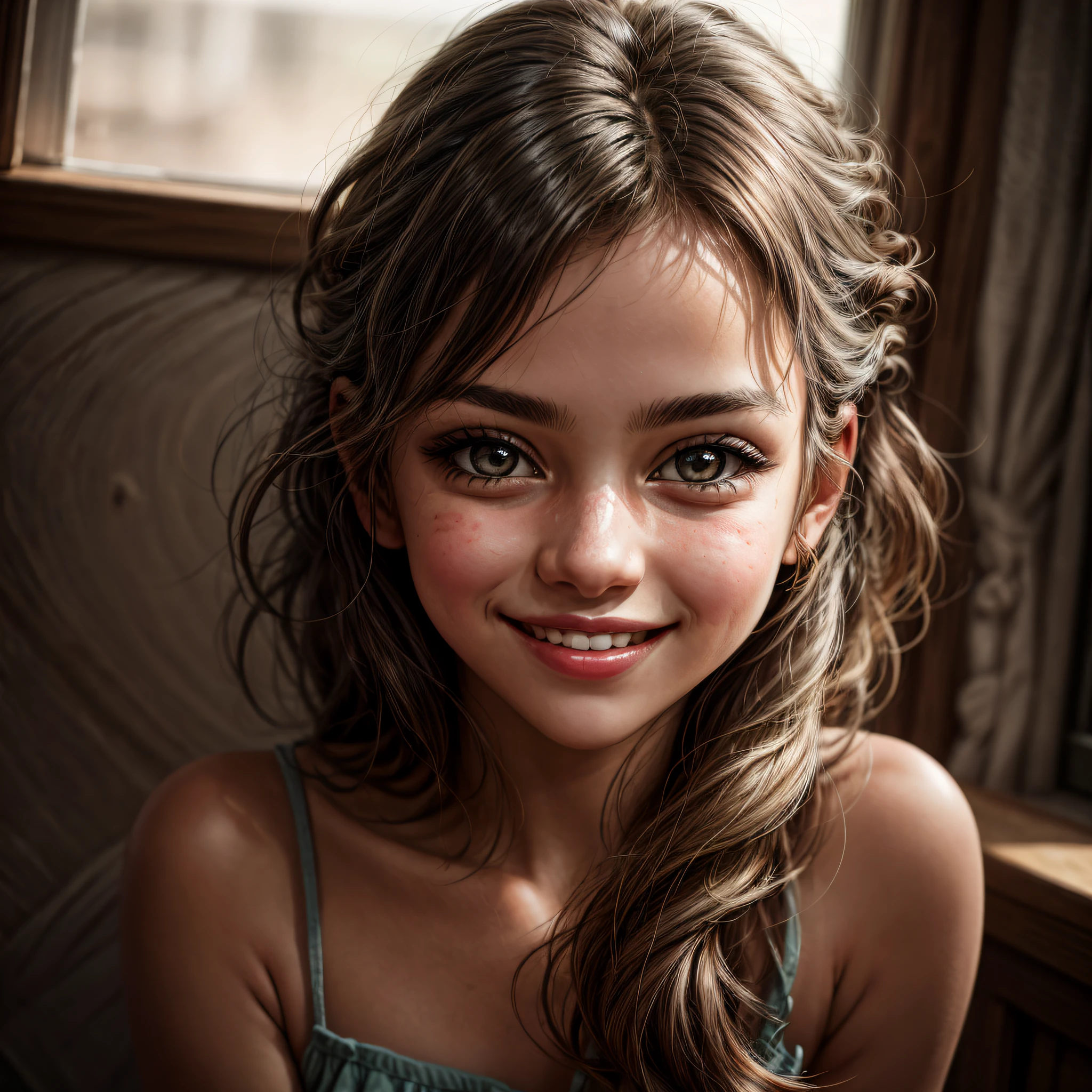 A girl's face, featured in an incredibly closeup shot, is the focus of the photograph. Her radiant smile is infectious, inviting viewers to share her joy. The photo exhibits intricate details, highlighting the contours of her face and the subtle play of light on her skin. The grainy texture of 0.8 lends a vintage charm, adding depth to the image. Captured during the afternoon, the natural lighting envelops the girl in a warm and comforting atmosphere, emphasizing her individuality.