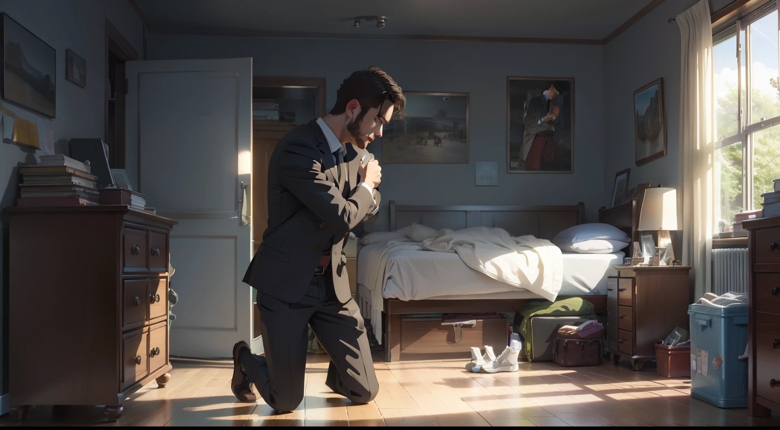 The man knelt,on bedroom