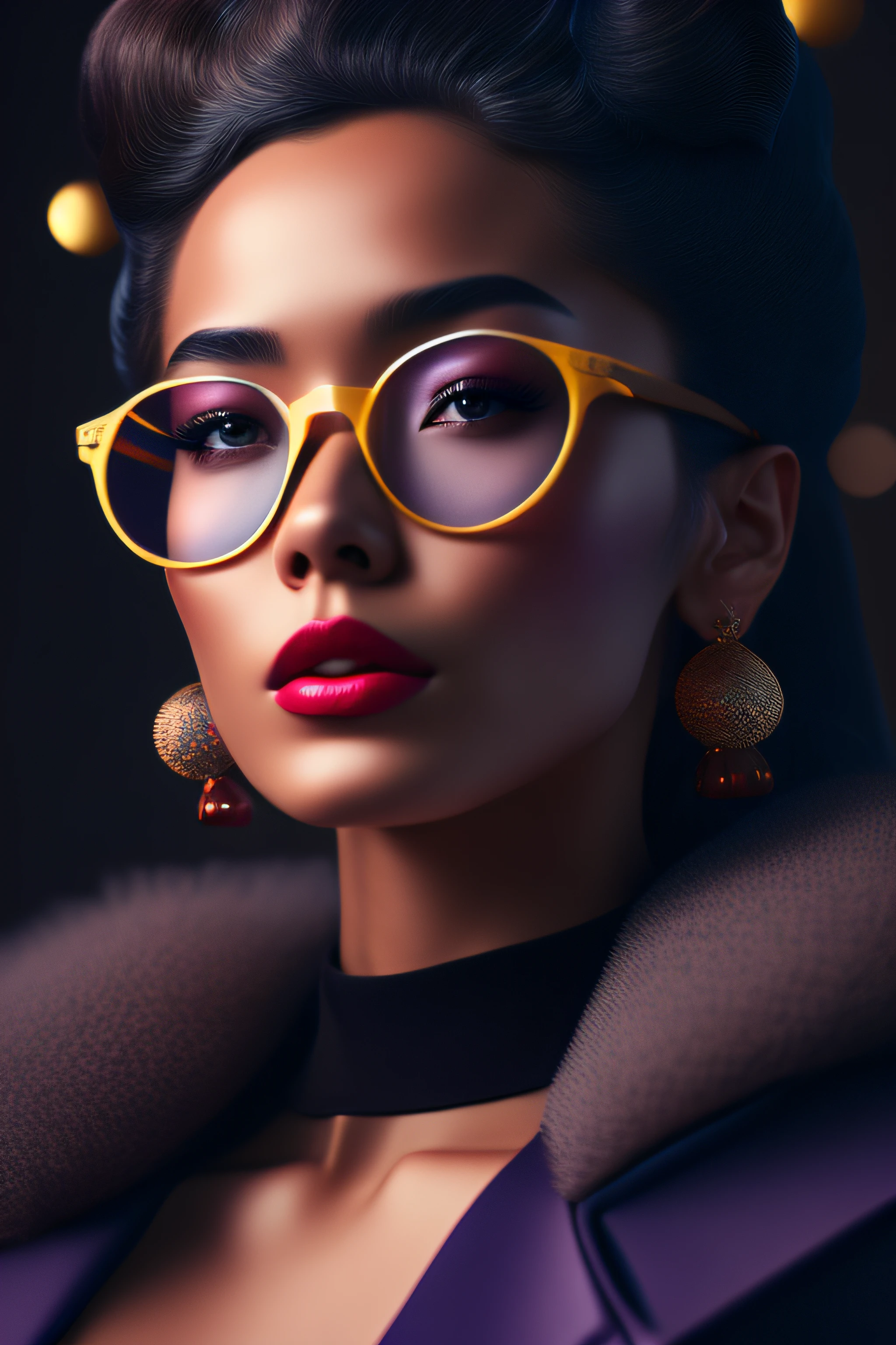 (retrato fashionista REALISTA, rico em detalhes, uma mulher francesa, mais velha, idosa, rosto europeu, with yellow glasses, 1950s with intricate colorful, modern vintage glasses), uma pintura fotorrealista de Derek Zabrocki, cabelo com flores colorful, expression would be, (fotografia digital extremamente detalhada: 1.2), Standing in the middle of the city, (((corpo inteiro))), imagem crua,, Hasselblad, 50asa, f8, 12 millimeters, efeitos de brilho, Raios de Deus, handdrawn, prestar, 8k, octan render, Cinema 4D, liquidificador, Escuro, atmospheric 4k ultra detailed, cinematic sensual, foco nítido, Very serious illustration great depth of field, obra-prima, cores, 3d octane render, 4k, arte conceitual, trending in the artstation, hiper realista, cores vivas, Anel luminoso, extremamente detalhado CG unidade de papel de parede 8k, trending in artstation, trend in CGSociety, estilo Pop Art por Yayoi Kusama, intrincado, alto detalhe, Dramatic , energia pura, light particles, scientific fiction