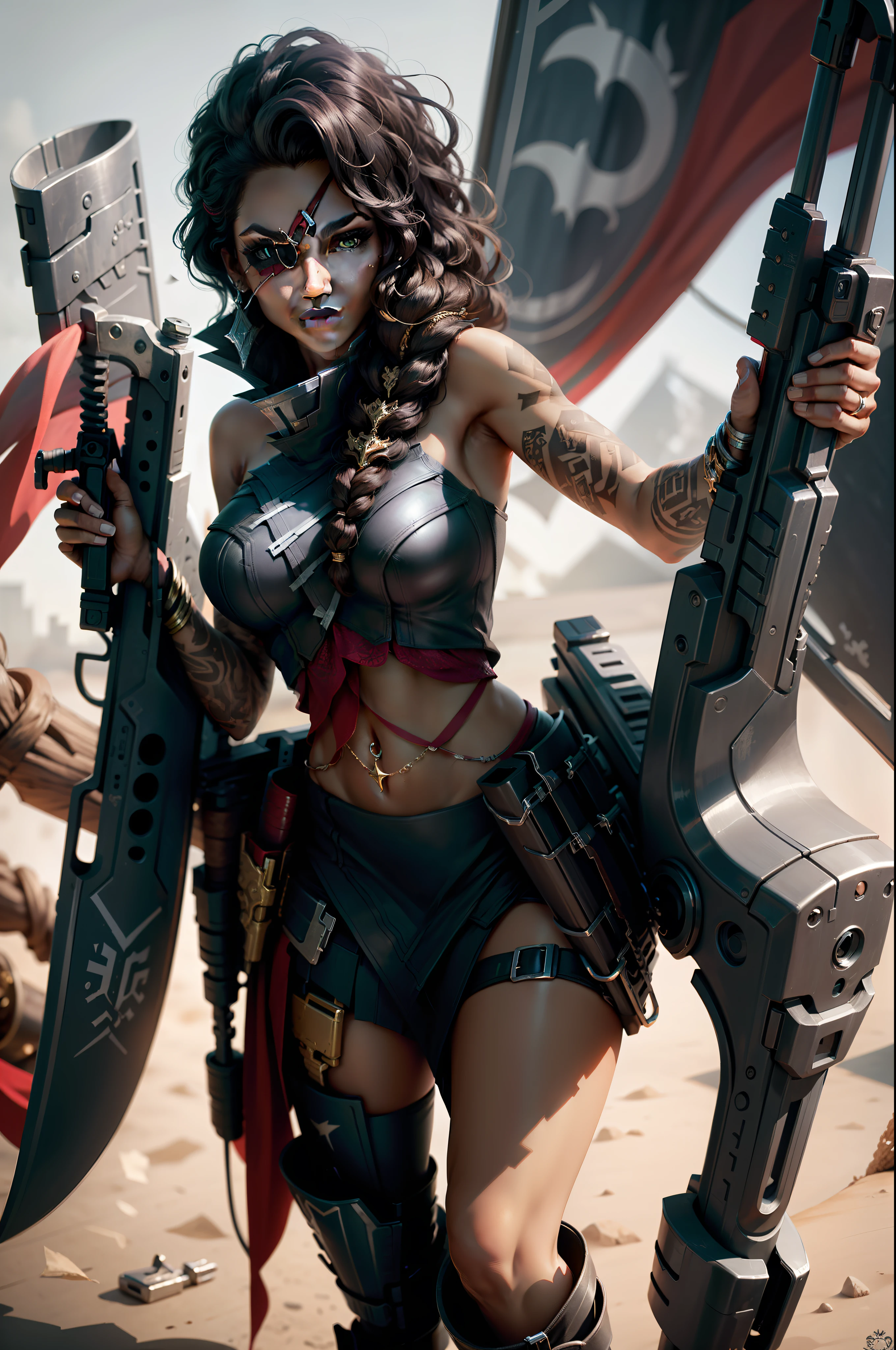 Samira with a gun in one hand and a sword in the other, aiming at the camera and with an S note behind her, with a confident look, brown eye patch, green eyes, dark skin tone, tribal tattoo on the arm, defined body, full body, straight black and wavy hair, confident look with pretty face, face paint, Samira from League of legends,