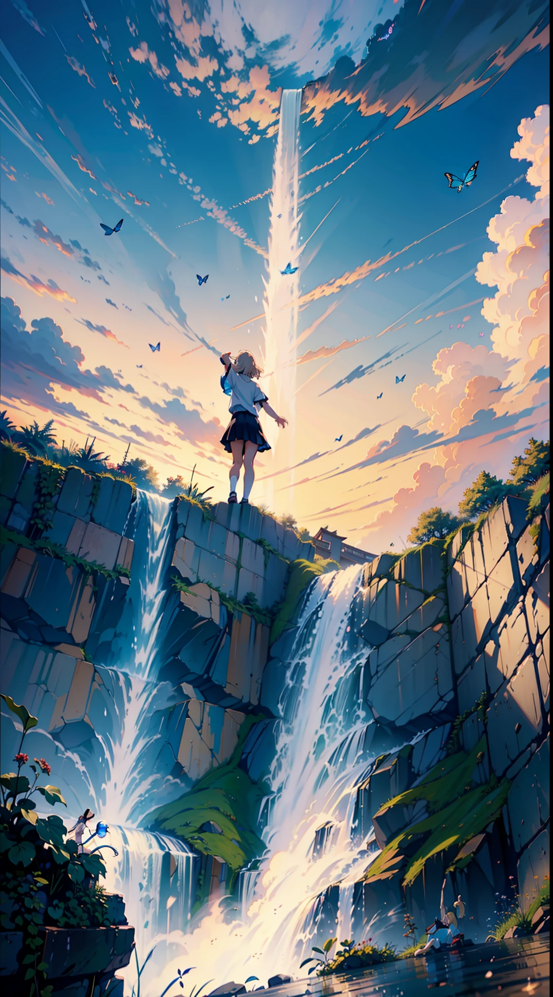 ((cinematic)), [masterpiece], potrait of fit blonde japanese girl, raising one hand, look at the sky, waterfall panorama with butterfly suround her, clear blue sky, twilight, sunset