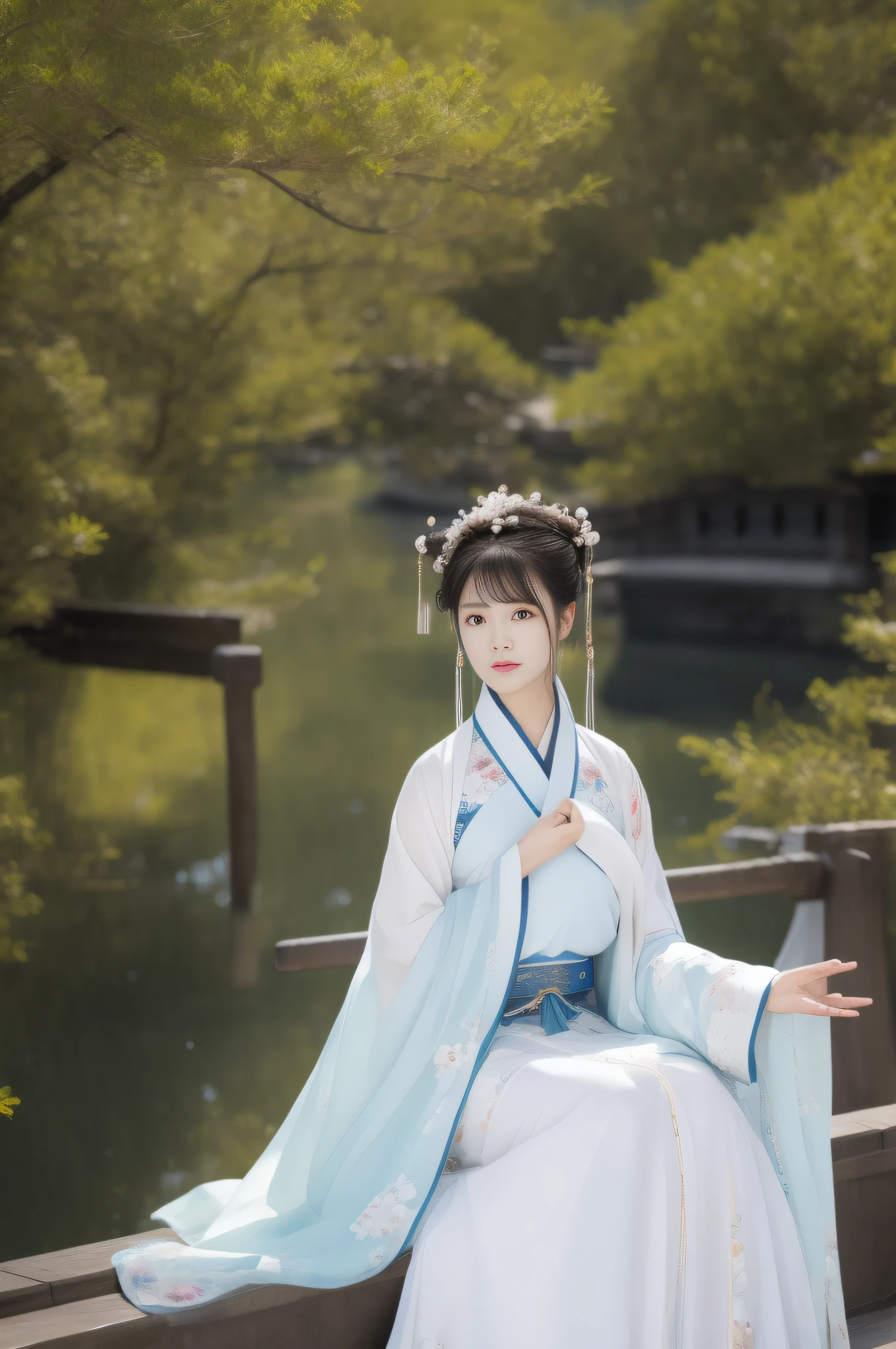 Changting Hanfu woman sat and watched the flowing years, Lookout mountain shallow clouds