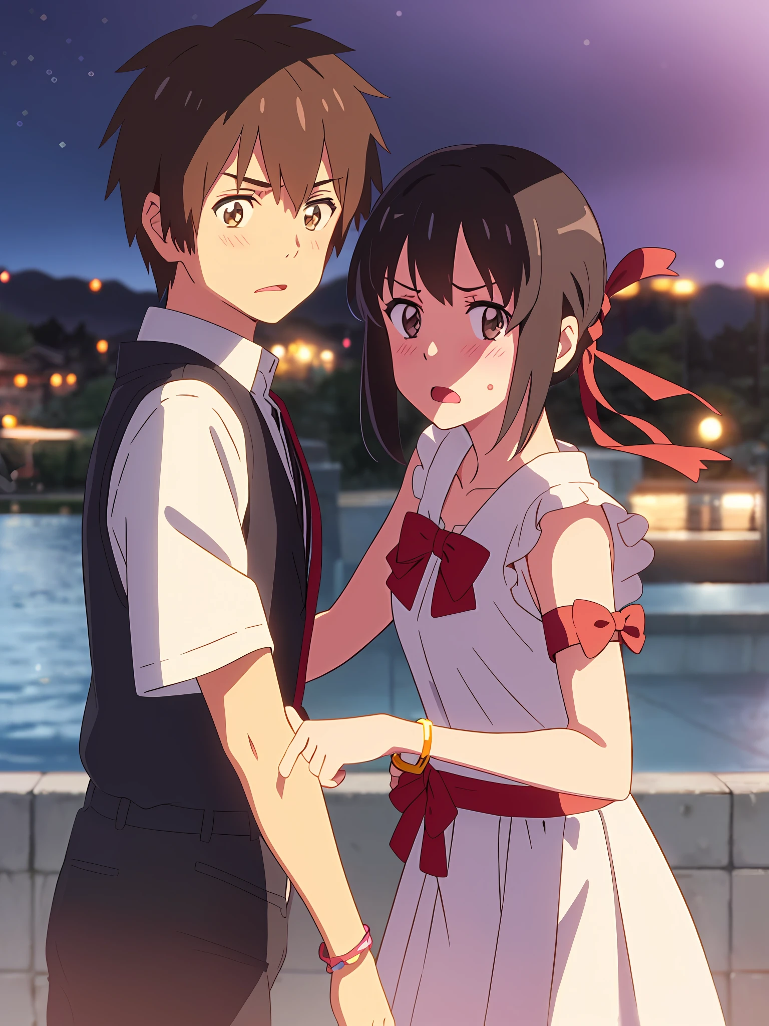 shinkai makoto, kimi no na wa., 1girl, 1boy, bangs, black hair, blush, brown eyes, Suspender Clothes, looking at the viewer, Clavicle, red bow, red headband, red ribbon, short hair, cute, couple, short sleeves, open mouth, Night, Nightview, Outdoors, Fighting Stance, Despair Face, bracelet
