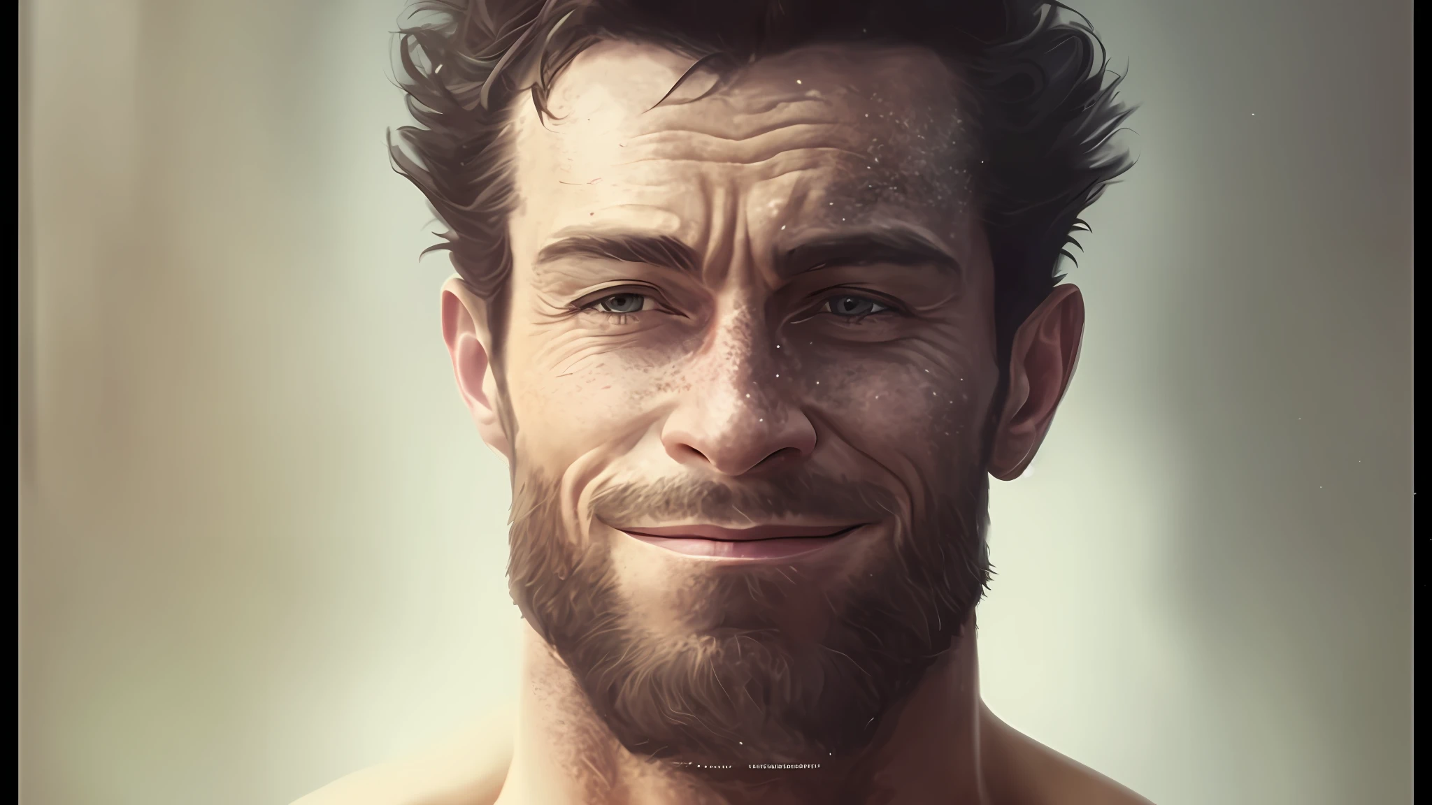 um close up de um homem com barba e rosto sem camisa, fantasy art smug smile man, retrato de personagem de closeup, arte conceitual ultra realista, pintura digital ultra realista, pintura digital realista, pintura digital hiper realista, Arte digital alucinante, retrato vfx altamente detalhado de, Retrato de Hugh Jackman, Retrato VFX altamente detalhado, amazing likeness, Cinematic realistic portrait, pintura digital de personagens
