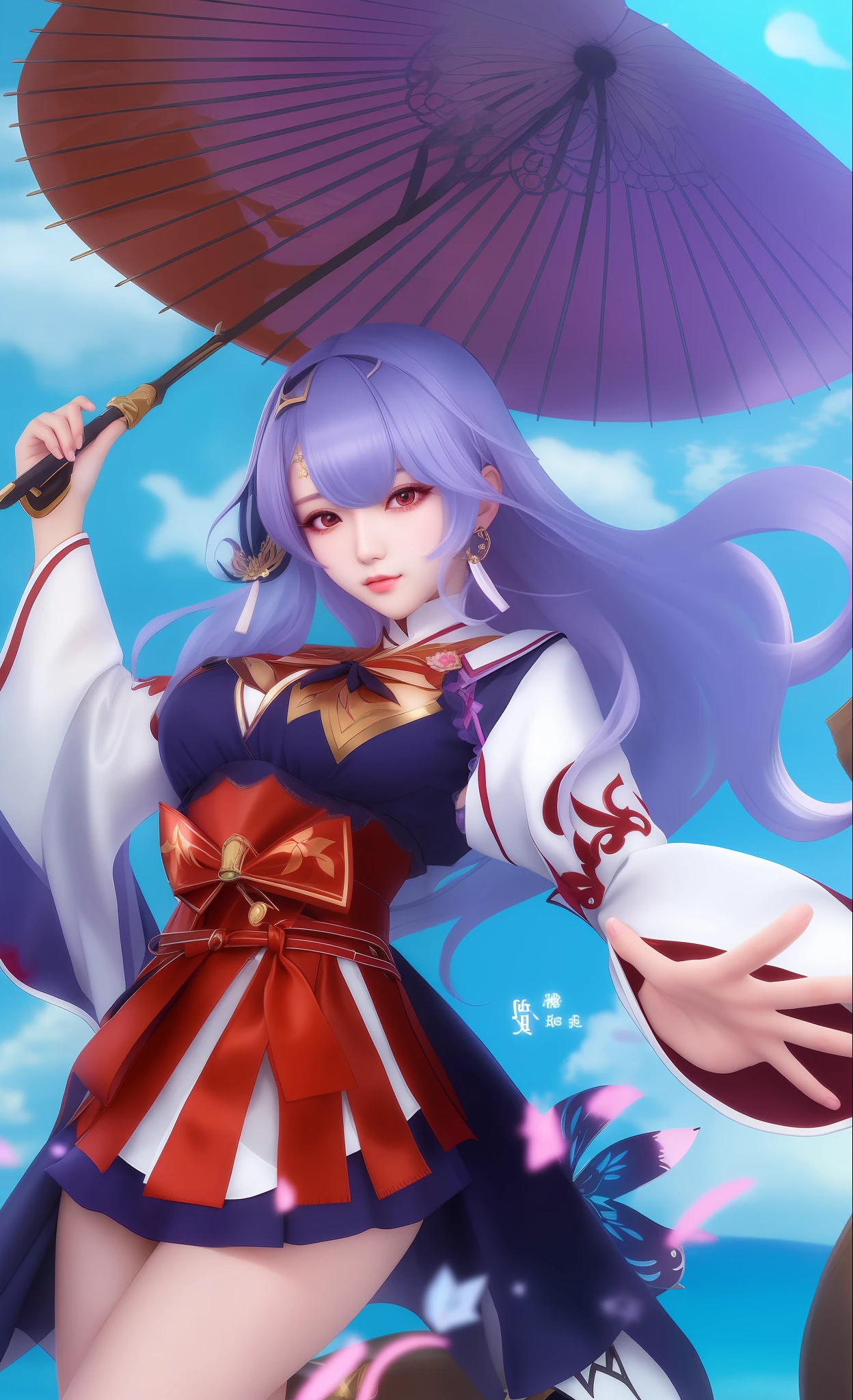 "1 girl holding a real umbrella in her right hand, resembling MLBB character Kagura, mature woman."