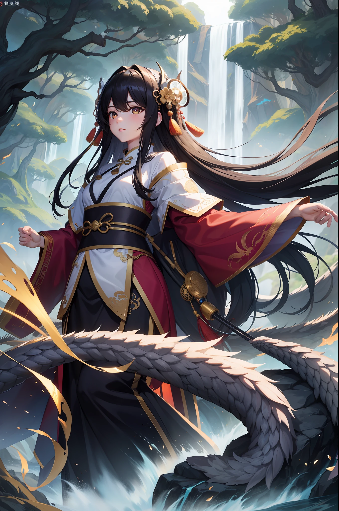 one-girl,Skin highlight,The texture is strong,Close-up of people,Black hair,Fluffy hair,Hanfu,Streamers,flowy,Flowing ink,Spread out energy,Riding a Chinese dragon,Landscape waterfall in background,Global illumination,rich details,Original