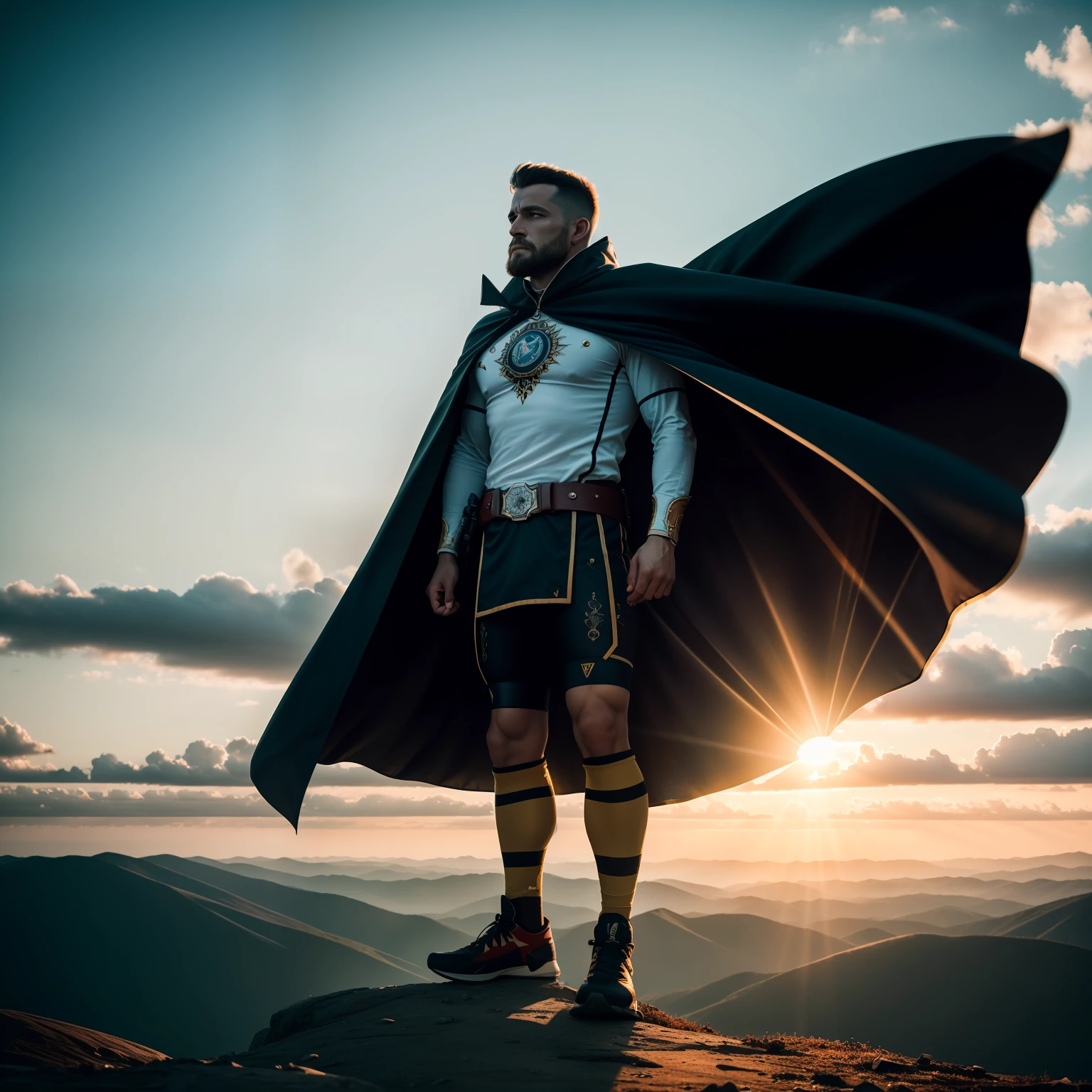A raw photo of a proud warrior man, standing atop a mountain peak, his cape billowing in the wind, perfect face features, perfect eyes, hopeful, volumetric lighting, sun rays, detailed shadows, indoor, hasselblad X2D 100c, hasselblad XCD 80mm f/1.9 lens, depth of field, bikes, film grain, sharp focus, photorealistic, masterpiece, intricate details, high contrast, 8k, UHD, HDR, high-res, best lens, absurdres, award winning photography, best composition, rule of third, full body shoot.