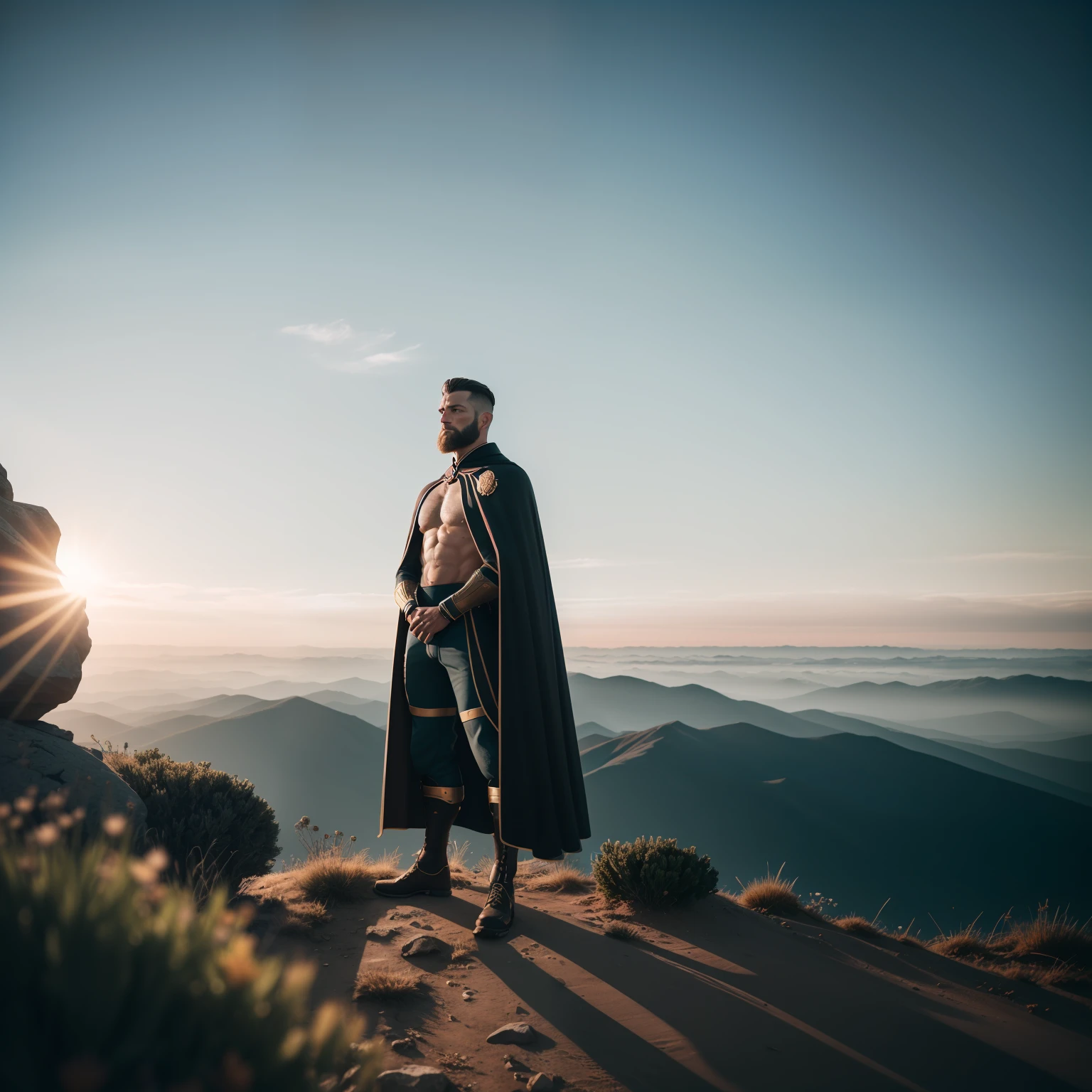 A raw photo of a proud warrior man, standing atop a mountain peak, his cape billowing in the wind, perfect face features, perfect eyes, hopeful, volumetric lighting, sun rays, detailed shadows, indoor, hasselblad X2D 100c, hasselblad XCD 80mm f/1.9 lens, depth of field, bikes, film grain, sharp focus, photorealistic, masterpiece, intricate details, high contrast, 8k, UHD, HDR, high-res, best lens, absurdres, award winning photography, best composition, rule of third, full body shoot.