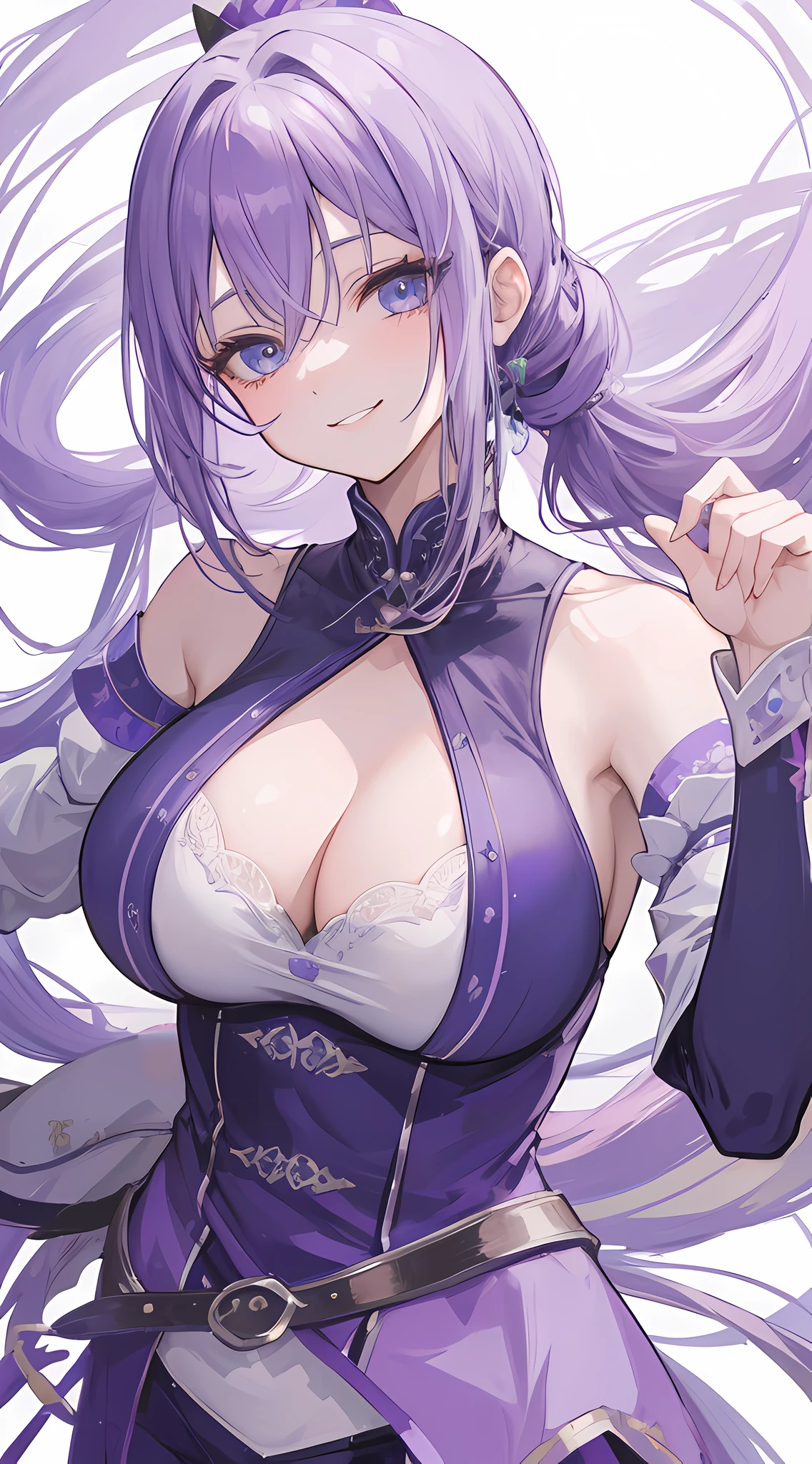 1mature girl, purple long flowing hair ponytail, blue eyes, wearing a saintess clothes, medium breast, cleavage, ((smile face)), ((35 year old face))