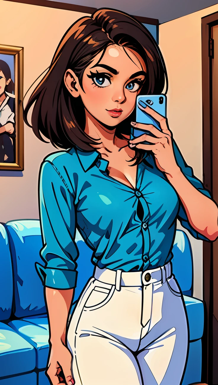 There's a woman who's taking a selfie in a room, cabelo curto no ombros, cabelo castanho, roupa casual, camisa de manga, pants