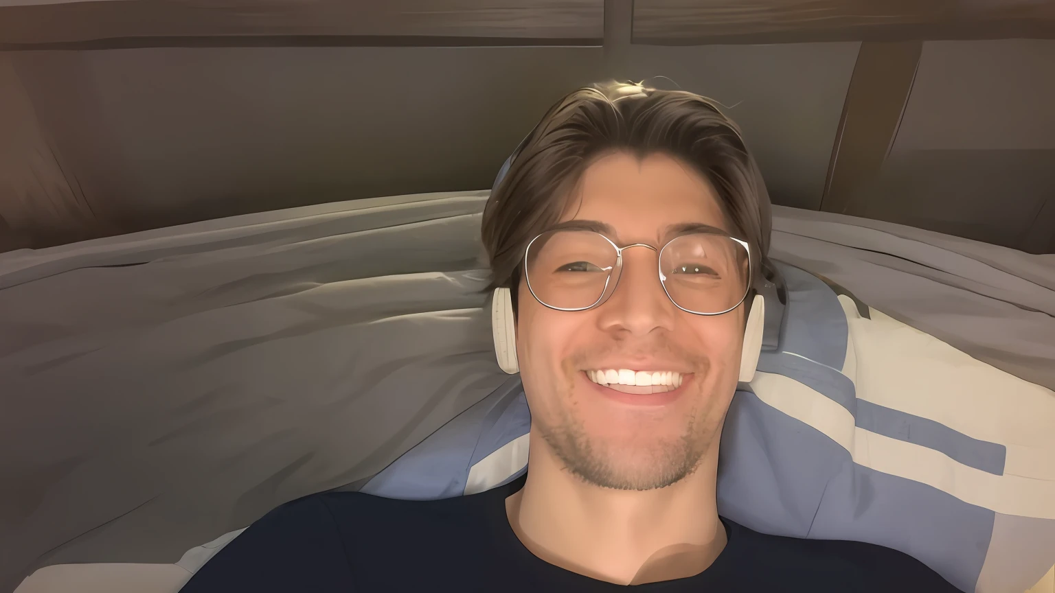 There's a bespectacled man lying on the bed with a blanket, 2 8 anos, relaxing and smiling at camera, 2 7 anos, leve sorriso nerd, 2 9 anos, 2 3 anos, 2 4 anos, 3 2 anos, happily smiling at the camera, 2 2 anos, na minha cama, bonito ligeiramente nerd sorriso