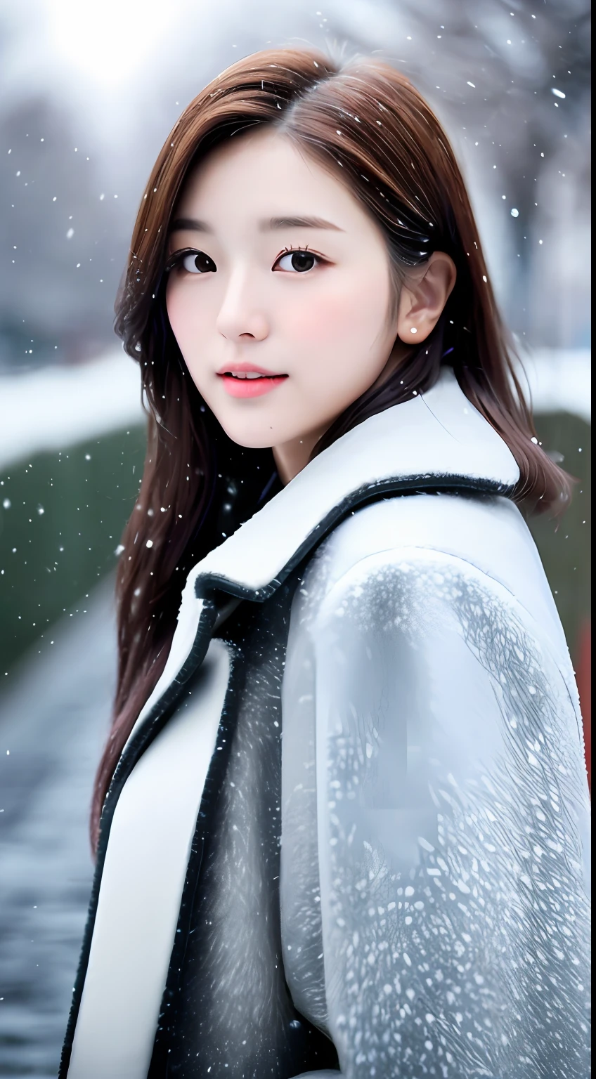 realistic photos of (1 cute Korean star) Shoulder-length hair, thin makeup, medium breasts size, wearing coat, in the snow, clear facial features, 8K high resolution, sharp and realistic details.from outside, Eye-Level Shot, f/4.0, 135mm, Fujifilm, jpeg artifacts, dithering, UHD, masterpiece