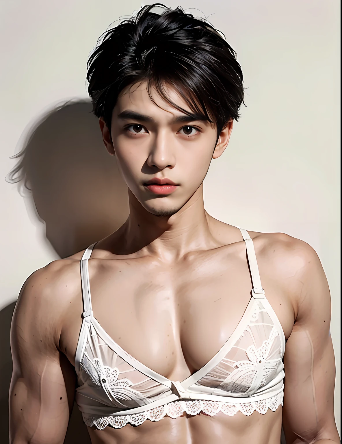 Bust photo，，A photo of the front ID，dark-skin，Black skin，suntanned skin，smooth jaw，Beige lace bra，比基尼，Hermaphroditic men，with fair skin，White lips，The light is even，with a pure white background，plain face，korean people，male people，nakeness，Smooth shoulders，鎖骨，Turn Back，Short broken hair，Youth，cool guy，18yr old，scowling，cool guy，Slim young handsome guy，