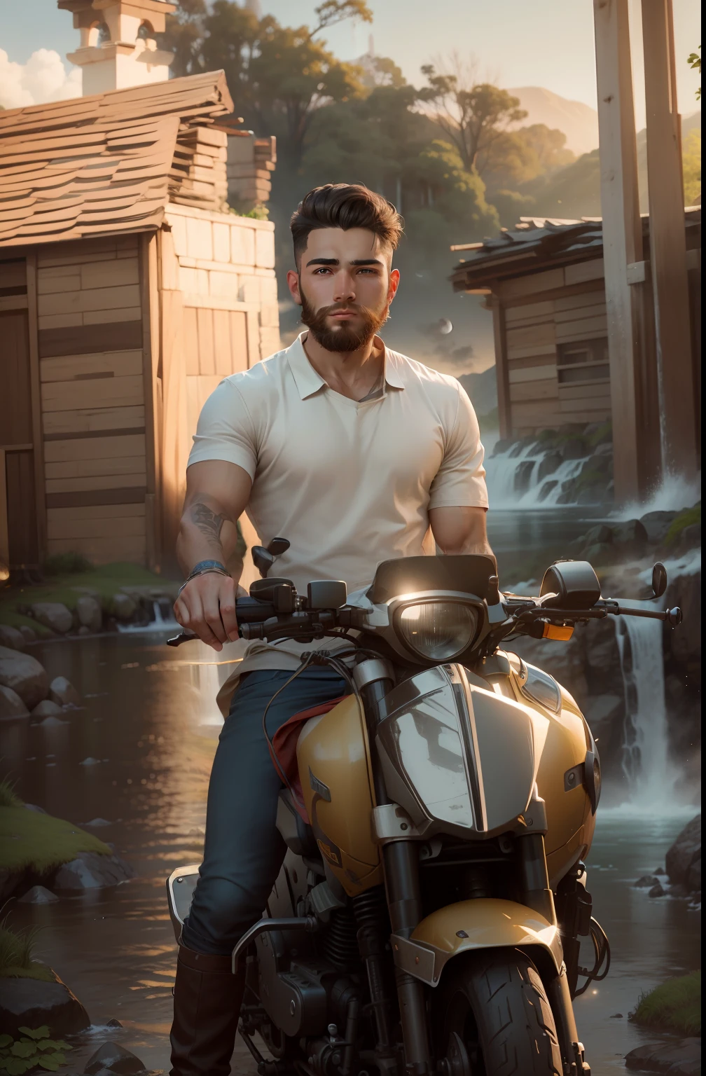 Big Waterfall and hills background, moon in sky, original face, 19 years old good looking boy with beards ,8k ultra realistic