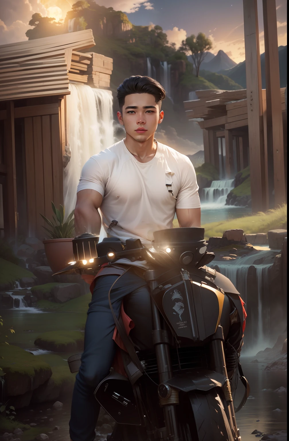 Big Waterfall and hills background, moon in sky, original face, 19 years old good looking boy, 8k ultra realistic