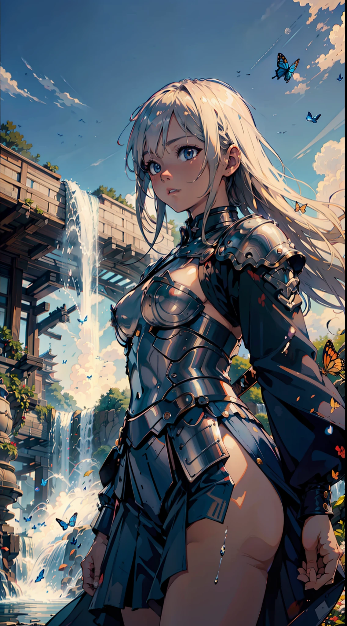 ((cinematic)), [masterpiece], potrait of fit blonde japanese girl, raising one hand, look at the sky, waterfall panorama with butterfly suround her, clear blue sky, twilight, sunset, ligh armor, katana, samurai