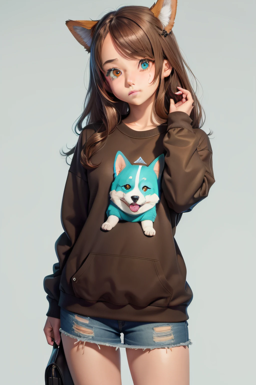 A girl,corgi,Cyan eyes,Brown hair,eyepatch,Sweatshirt,the anime