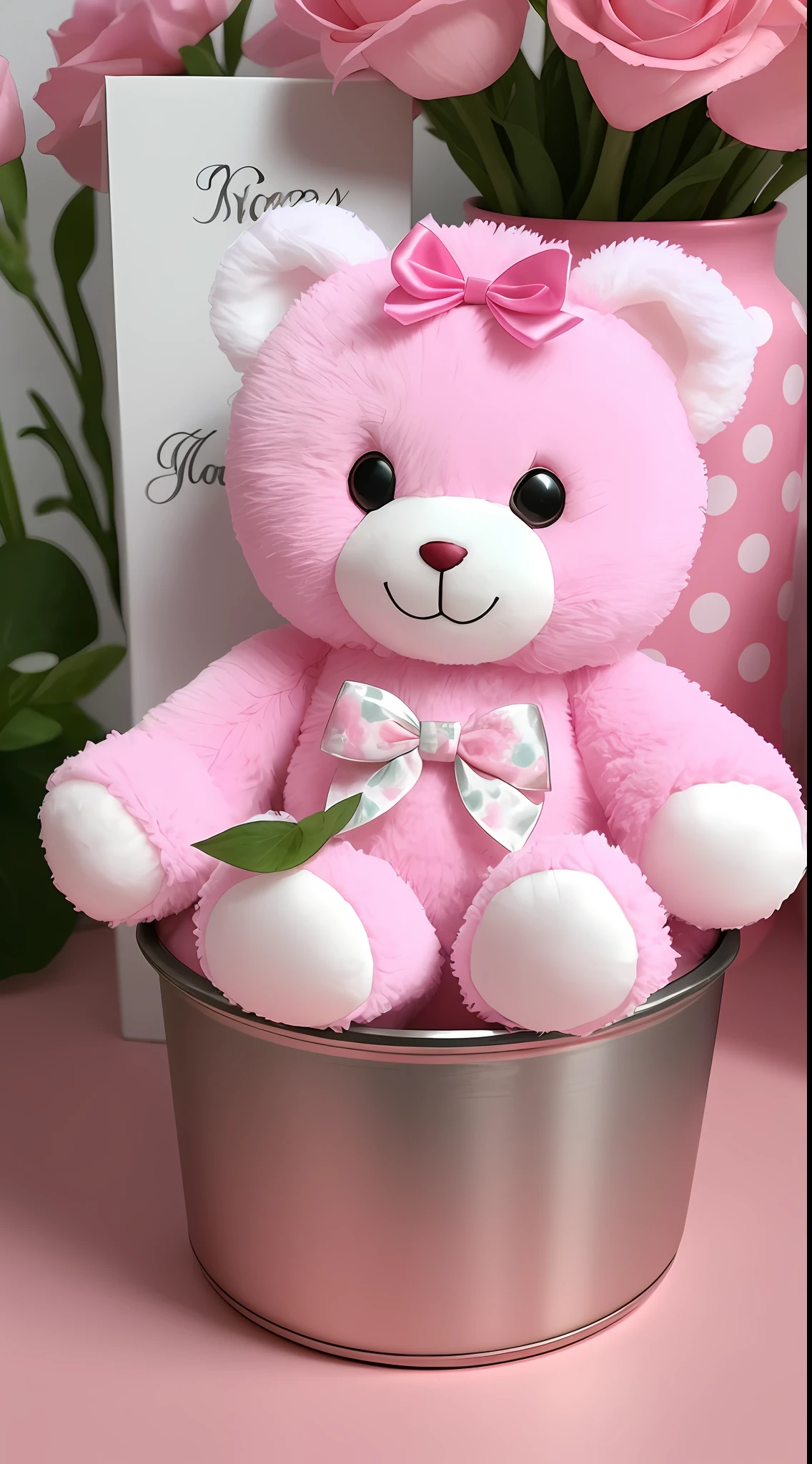 There is a pink teddy bear sitting on a silver container,with pink flowers on it, a picture by Elena Guro, Tumblr, fine art, 🎀 🧟 🍓 🧚, Pink flowers, (in pink), 🎀 🍓 🧚, 🎀 🗡 🍓 🧚, Incredibly cute, pink iconic character, pink rosa, inspo, With flowers, with soft pink colors, Lovely